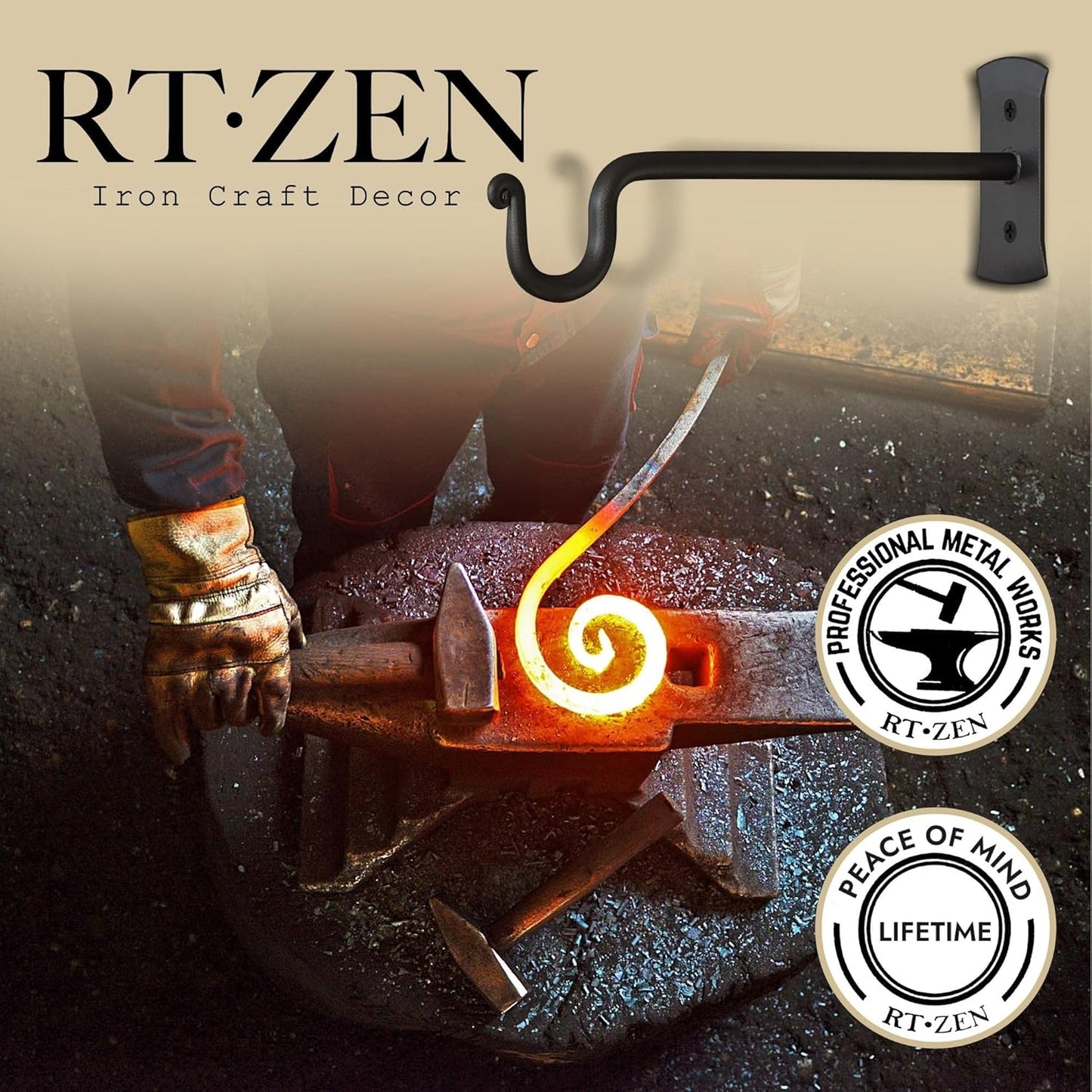 RTZEN Plant Hangers Outdoor or Indoor - Wrought Iron Metal Hanger Indoor Hook - Heavy Duty Wall Bracket Hooks for Hanging Plants Baskets Lanterns Wind Chimes - 2 Pack (Black Shepherds Hooks)