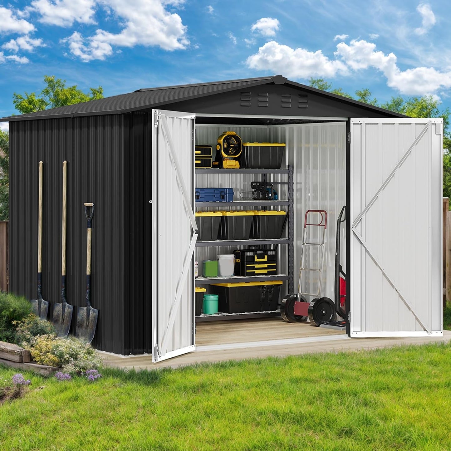 DWVO 8x6FT Outdoor Storage Shelter, Roomy Steel Tool Shed with Secure Entrances & Air Circulation for Patio, Lawn, and Backyard, Ideal for Storing Garden Gear, Lawn Tools, and Bikes, Dark Gray