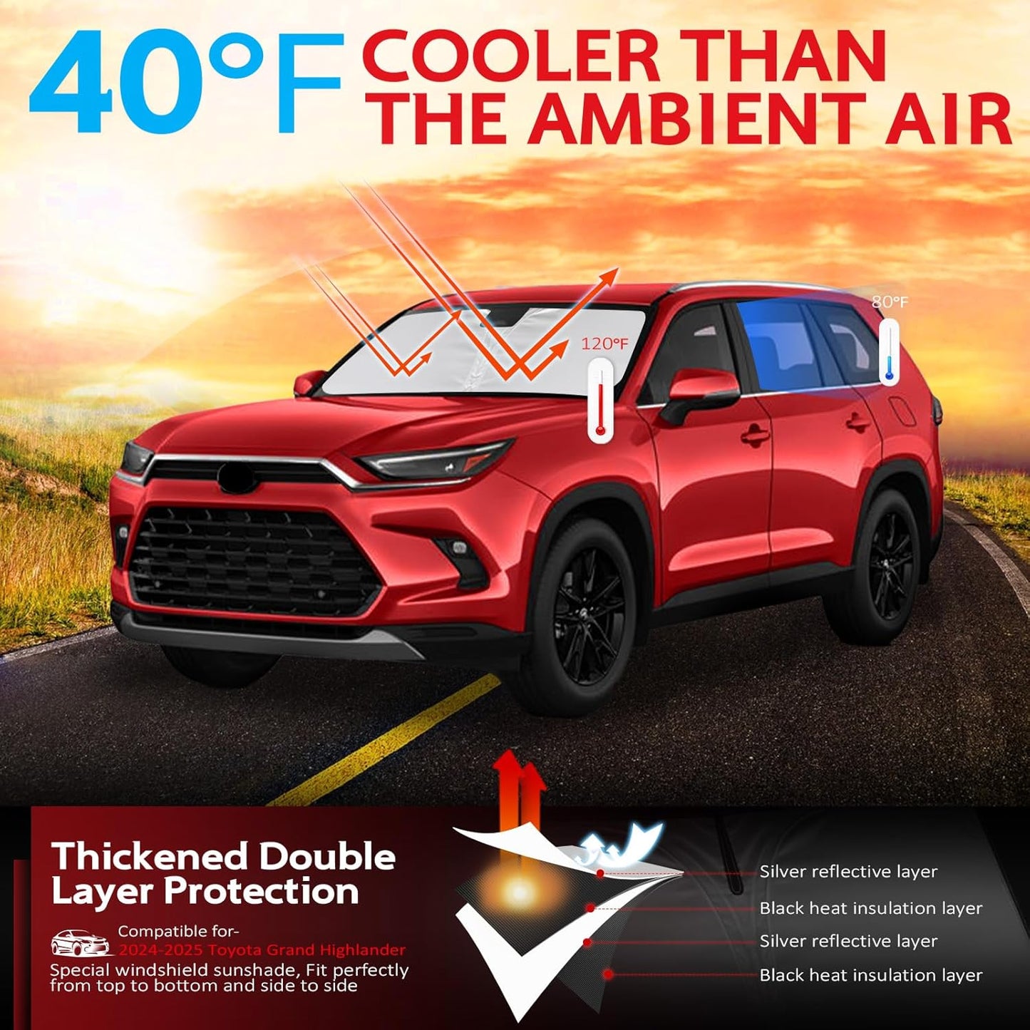 KAYZT Windshield Sun Shade for 2024 2025 2026 Toyota Grand Highlander Foldable Sunshade Front Window Custom Fit Car Accessories