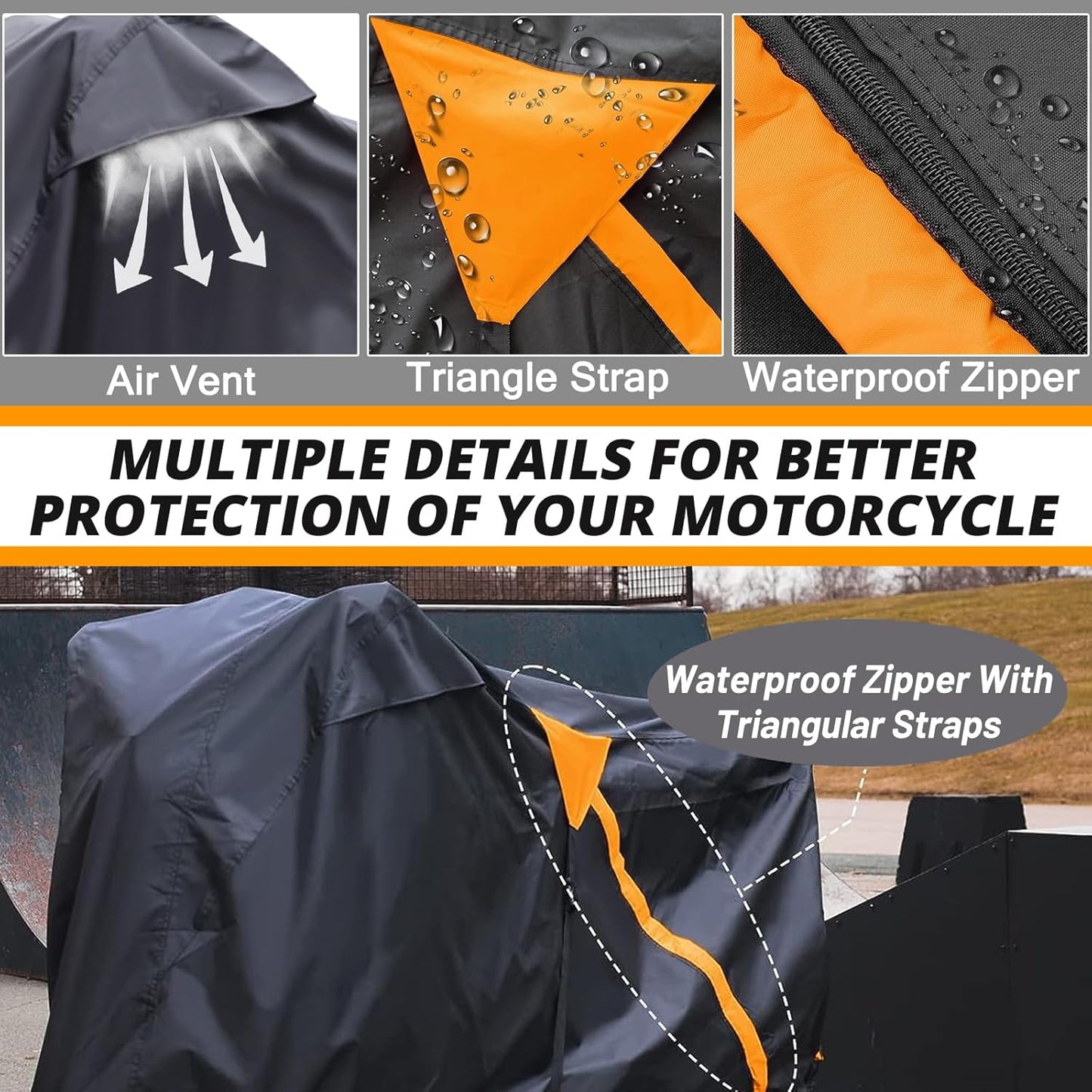 Motorcycle Cover,Waterproof Zipper Outdoor Cover for All Seasons Windproof, High Heat Resistance Dustproof and Rainproof Snowproof(Orange Zipper M Fits Up to 87 inch)