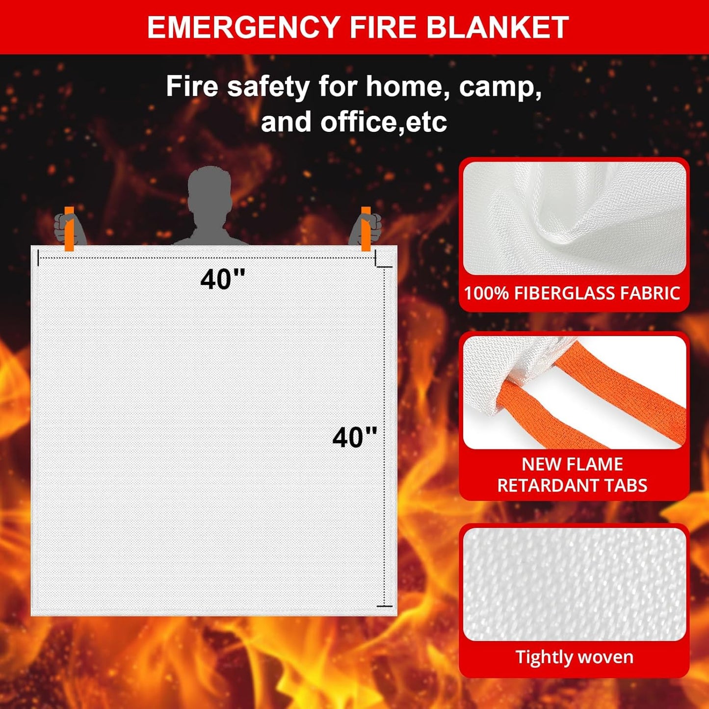 SecuCaptain Emergency Fire Blanket for Home and Kitchen - 4 Pack 40"x40" Flame Suppression Fiberglass Fire Blankets for House Camping Car Office Warehouse Survival Safety