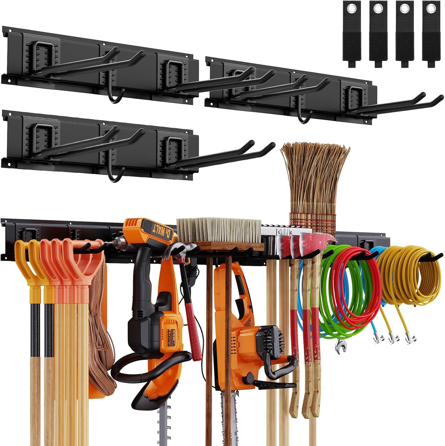 Garage Organzier Wall Mount, 48 Inch Garden Tool Organizer, 16PCS Heavy Duty Garage Storage Organization, Adjustable Tool Storage Rack Hooks, Yard Shed Tool Organizer Hold Max 450 lbs