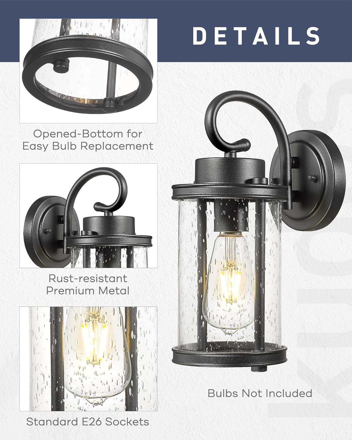 kudos Porch Lights, 12.5 inch Cylinder Outdoor Wall Light, E26 Sockets, Anti-Rust Waterproof Light Fixtures Wall Mount for Patio, Black with Seeded Glass, KDOWL01-BK