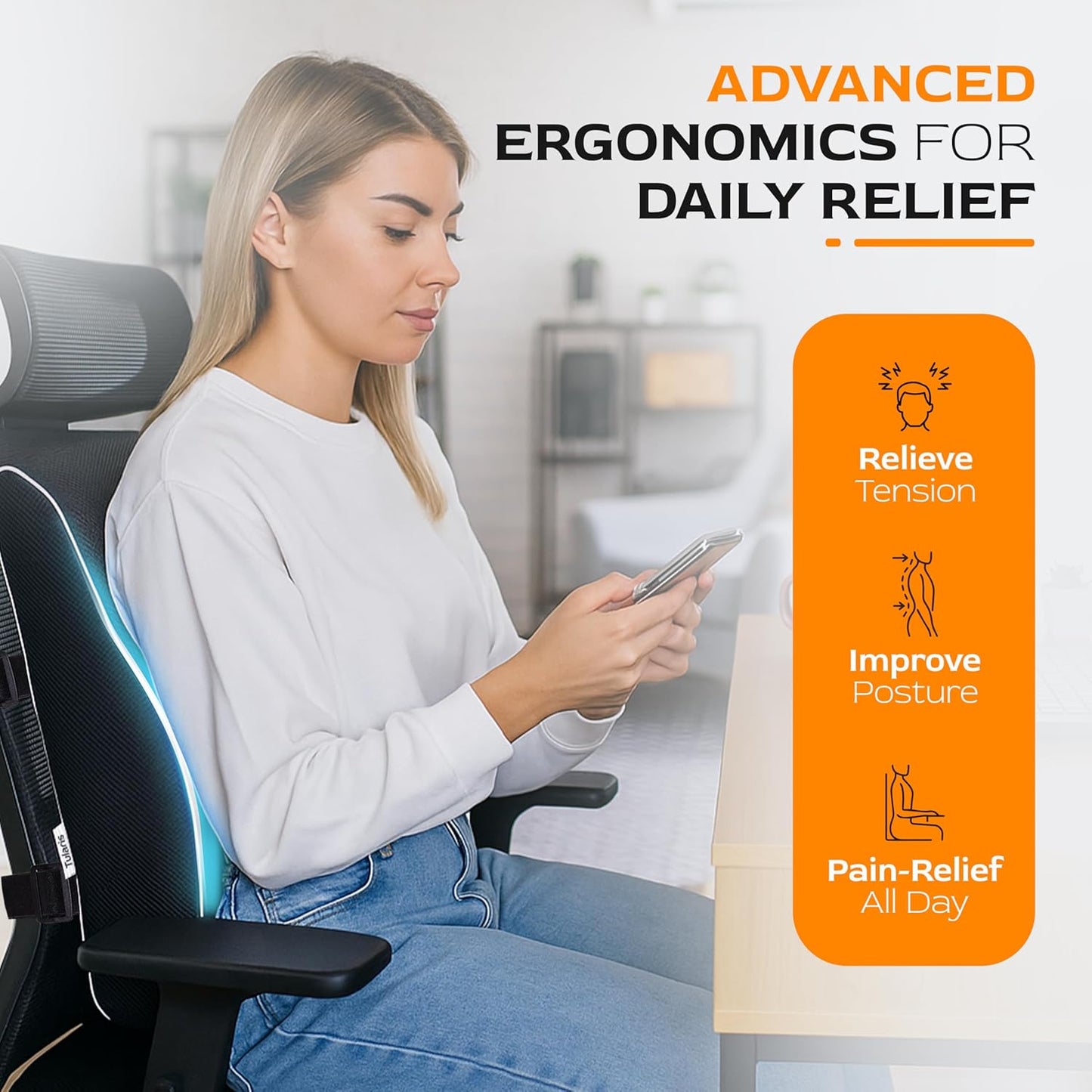 Extra Dense Lumbar Pillow with Double Adjustable Straps - Ergonomic Lumbar Support Pillow for Office Chair, Car, Couch Firm Back Support for Lower Back & Spine Pain Relief Memory Foam Cushion