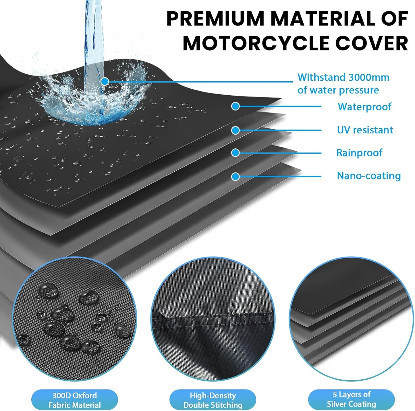 Motorbike Cover Waterproof Outdoor, Motorcycle Scooter Moped Cover Sun Rain Dust Protection with 4 Reflective Strips and 2 Windproof Buckles, 2 Lock-Holes for Cruisers Sportbikes (1XL: 91x37x49 inch)