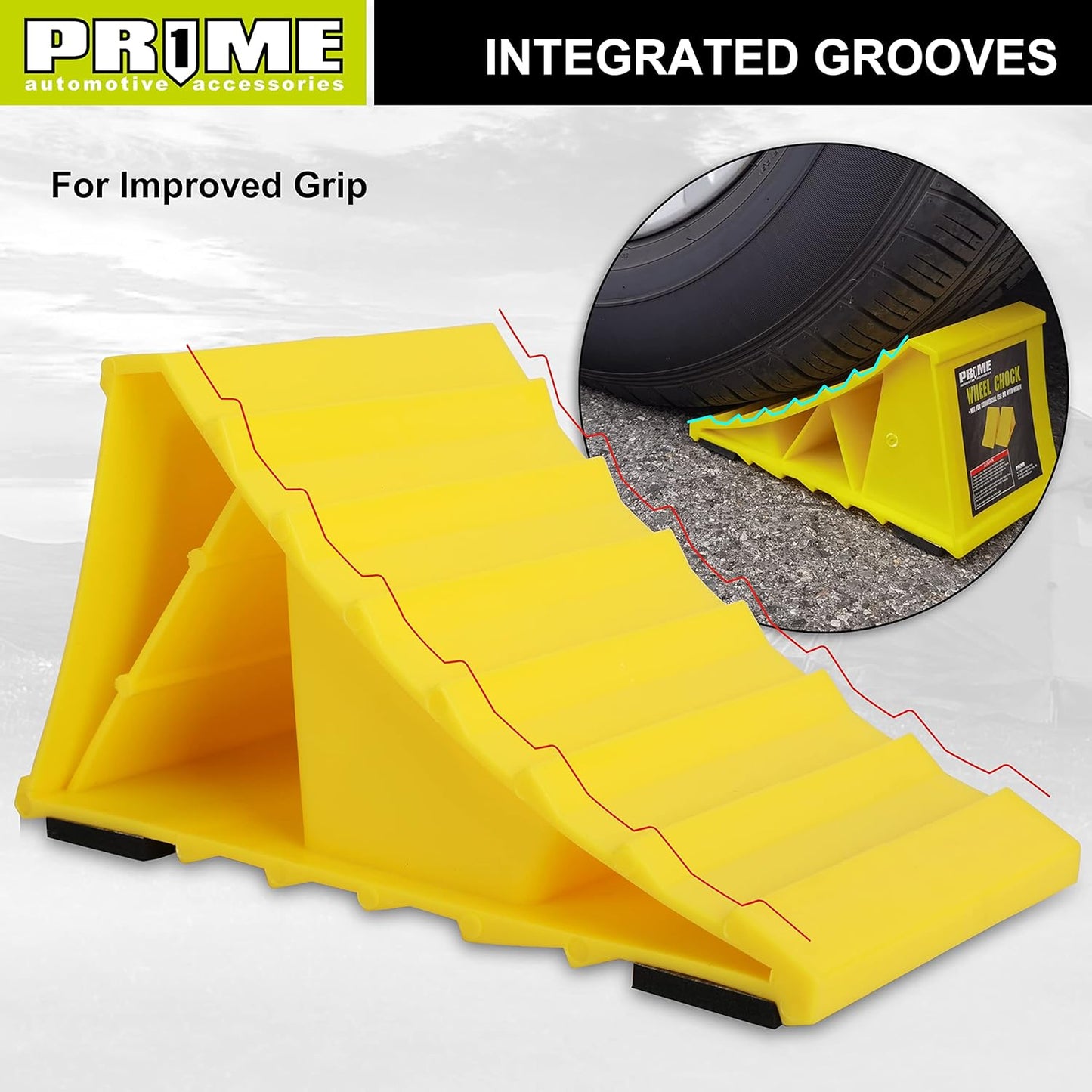 PR1ME Wheel Chocks with Non-Slip Base for RV & Trailer. 2 Pack Heavy Duty Wheel Chock with Bright Yellow. Lightweight Wheel Stoppers for Cars Camper Trucks RVs, Fit for Most Tyre Sizes