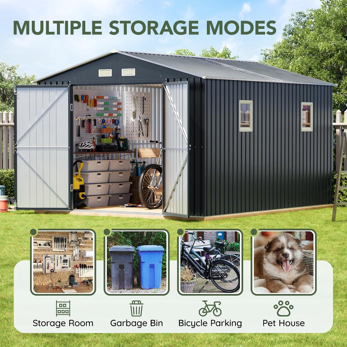 10x12 FT Outdoor Metal Storage Shed with Floor Frame, Double Swing Doors, 2 Clear Windows, Replaceable Skylight Roof Panel, Tool Shed for Garden, Patio, Backyard