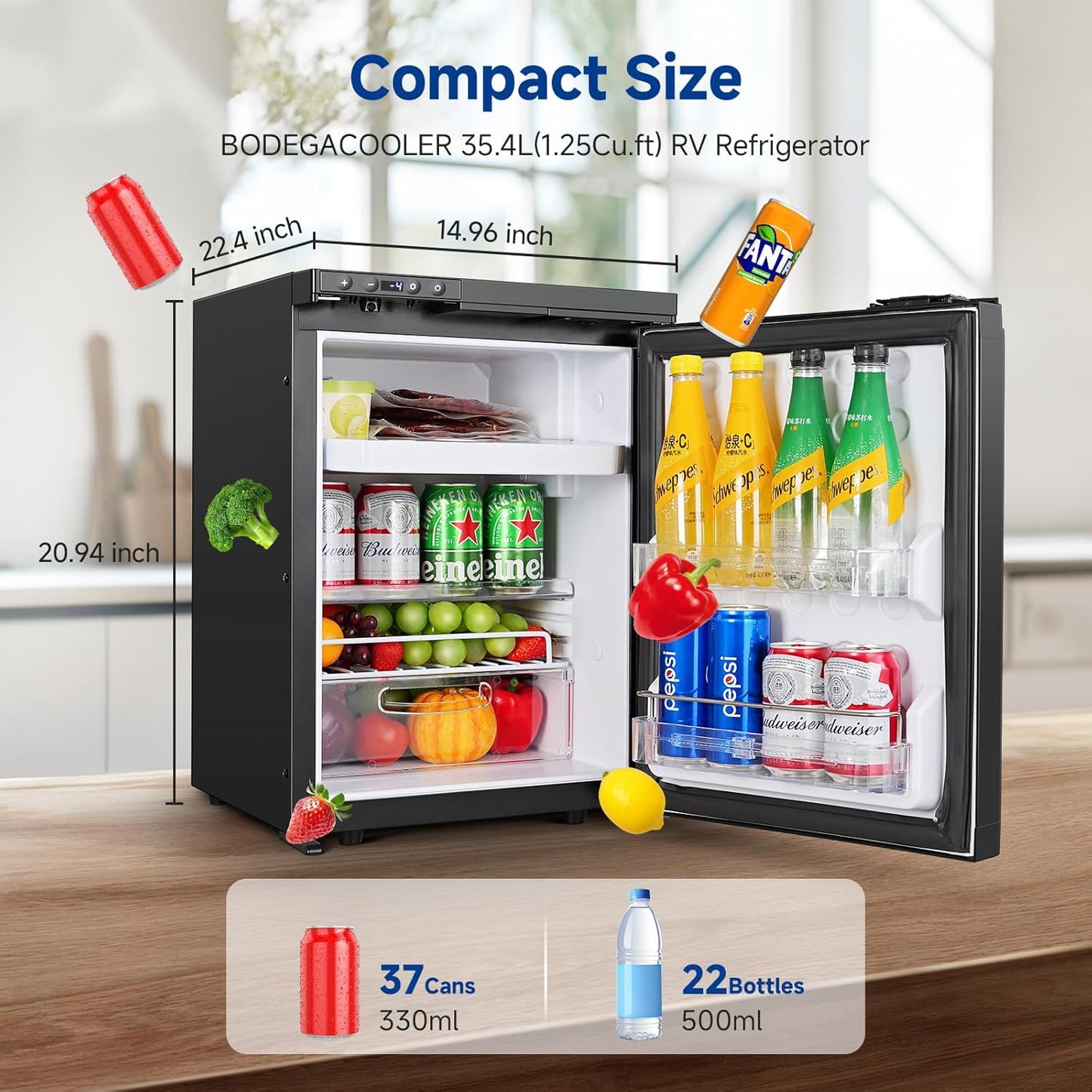 BODEGACOOLER 12 Volt RV Refrigerator, 35.4L(1.25Cu.ft) RV Fridge with Freezer, APP Control Car Refrigerator, (-4℉-46℉) Travel Compressor Cooler 12/24V DC for Boat, Yacht, Caravan, Truck, Camping