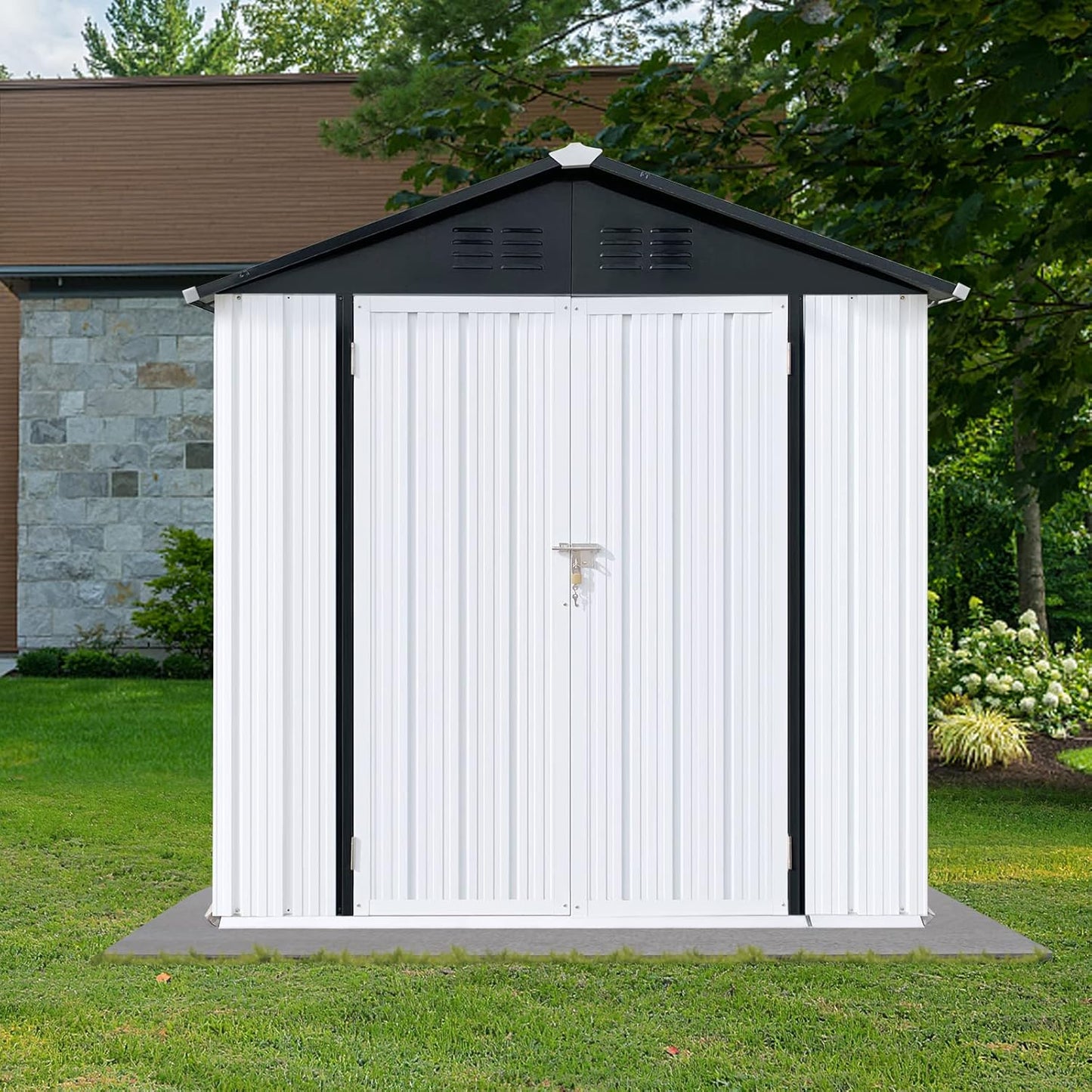 4x6 FT Outdoor Metal Storage Sheds with Apex Roof,Single-Storey Waterproof Roofed Structure Garden Shed w/Lockable Doors,for Lawn Equipment Tool Sundries,White+Black