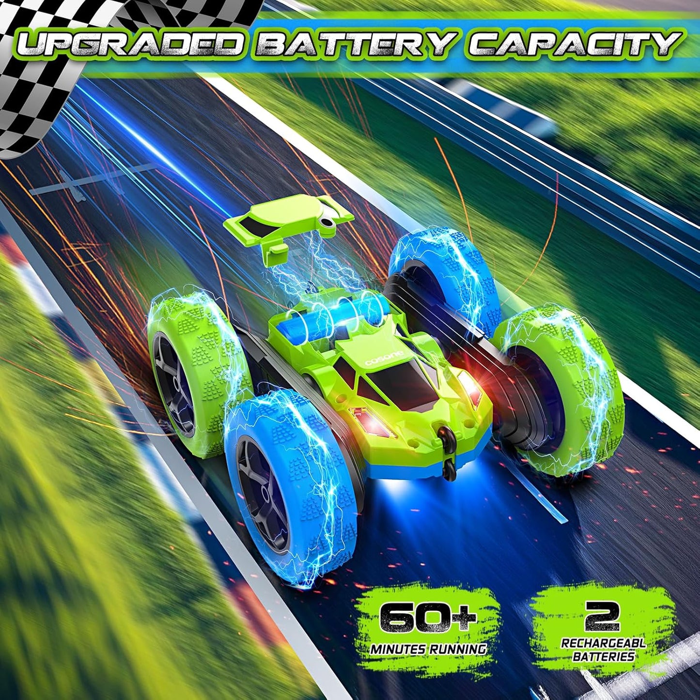 cosone Remote Control Car Toys for Boys - 4WD 2.4Ghz Double Sided 360° Rotating All Terrain RC Cars with Cool Lights, Kids Birthday for Boys-Blue&Green