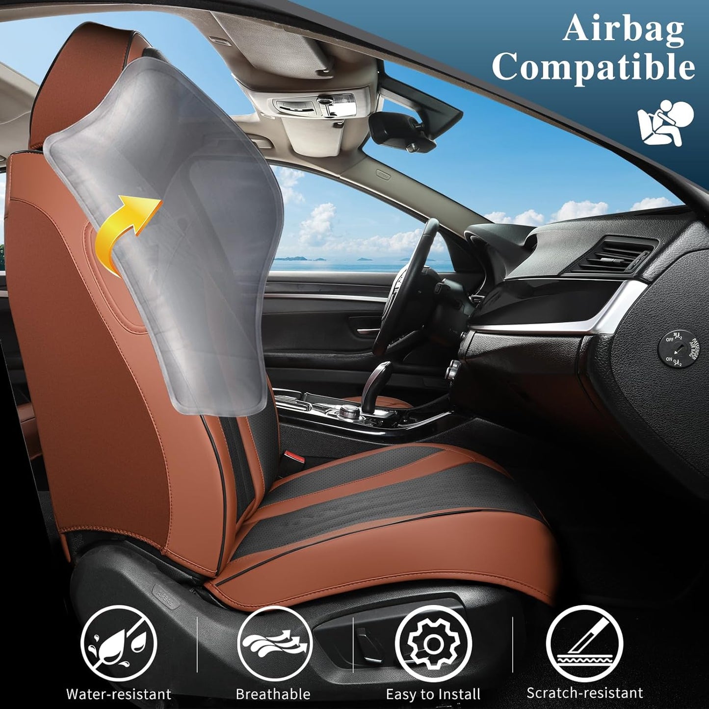 Car Seat Covers Full Set, Leather Seat Covers for Cars, Car Seat Protector Waterproof, Non-Slip Car Interior Covers Fit for Most Cars, SUV, Vans, Trucks,2Seaters,Full Set,Brown-Black,COMFDRIVE-A03