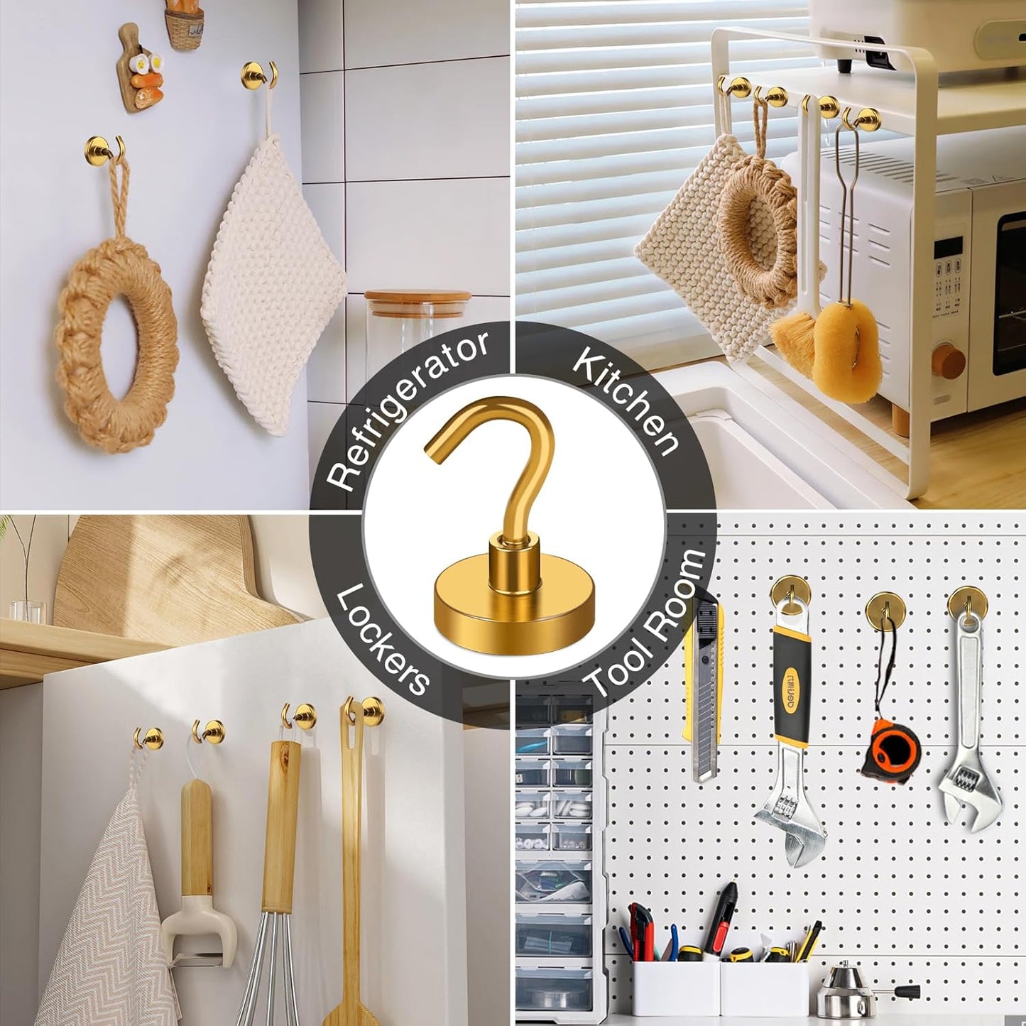 MIKEDE Magnetic Hooks Heavy Duty, 40 Lbs Magnet with Hooks for Cruise Cabins, Strong Magnets Neodymium for Hanging, Magnetic Wall Hooks for Refrigerator, Locker, Workplace(Yellow, 4 Pack)