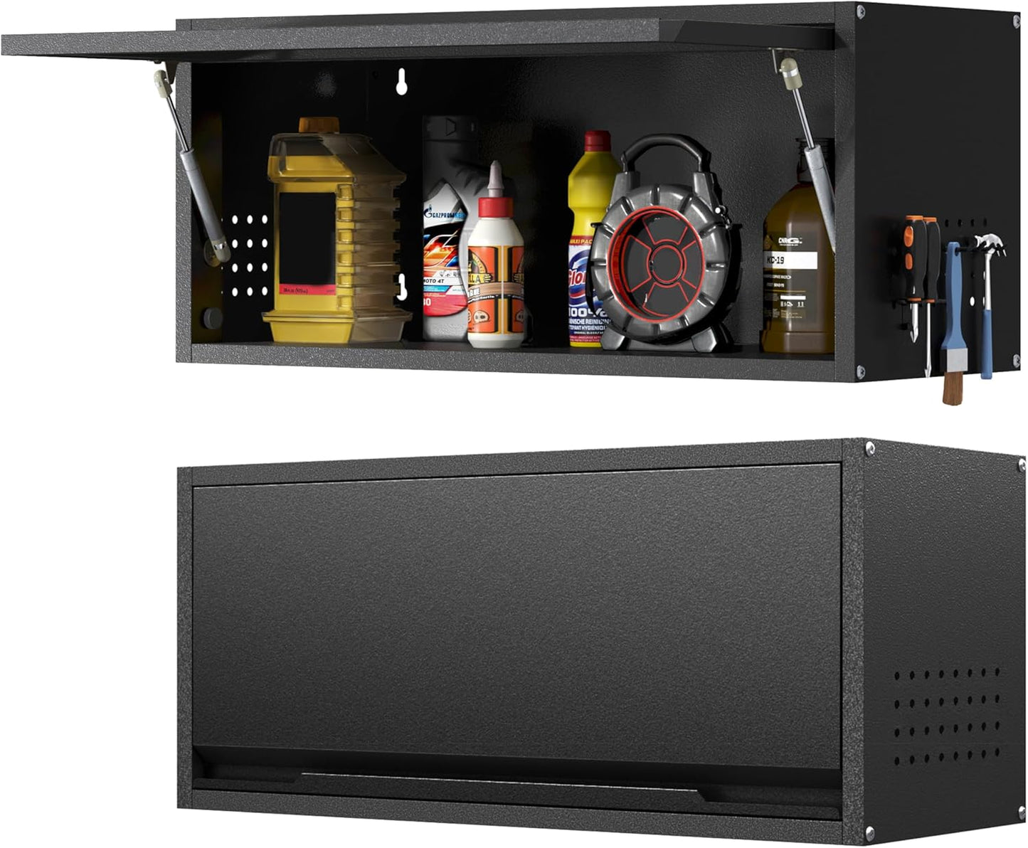 Metal Garage Wall Cabinet with Doors Side with Holes,Wall Mounted Metal Storage Cabinet with Up-Flip Door,Garage Storage Cabinet for Garage, Basement, Kitchen, Warehouse,Office, Bathroom-Black