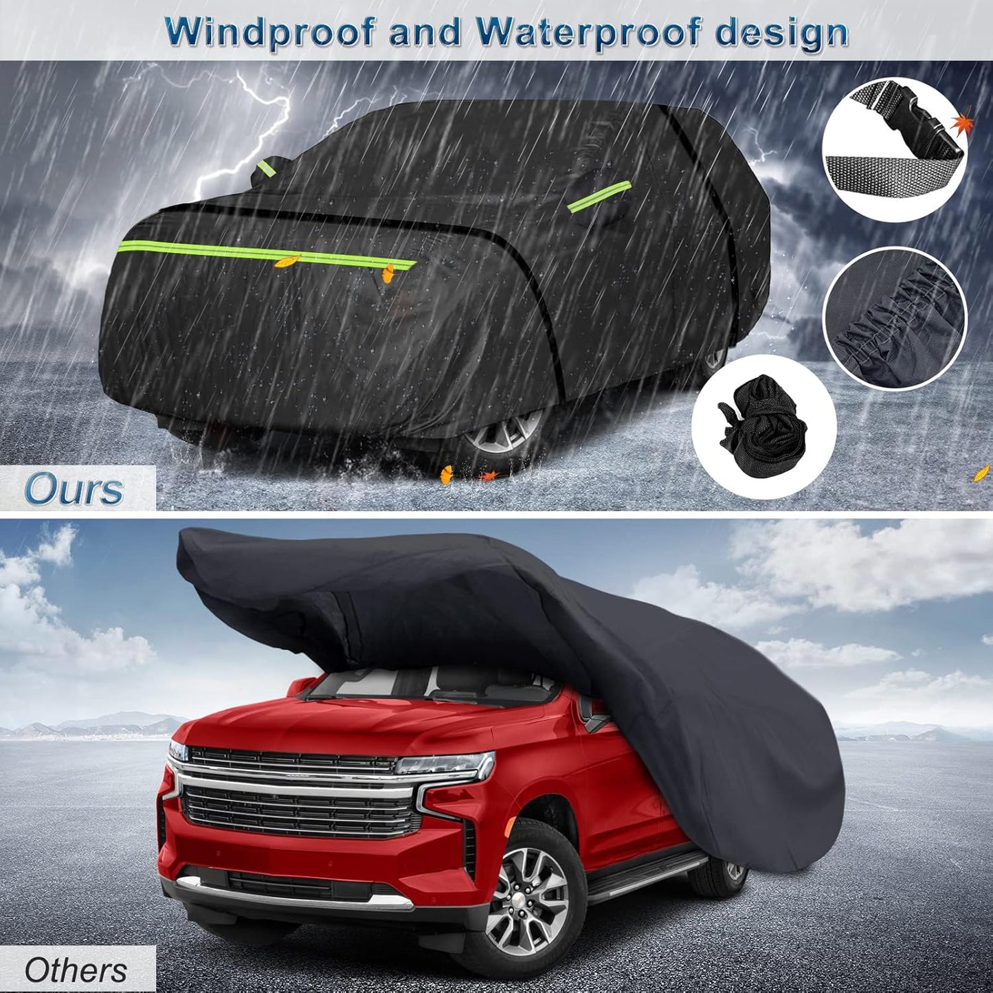 Car Cover Waterproof for 2007-2025 Chevy Suburban/GMC Yukon XL/Cadillac Escalade ESV, Snowproof Outdoor Car Covers with Zipper Windproof Heavy Duty All Weather (Black)