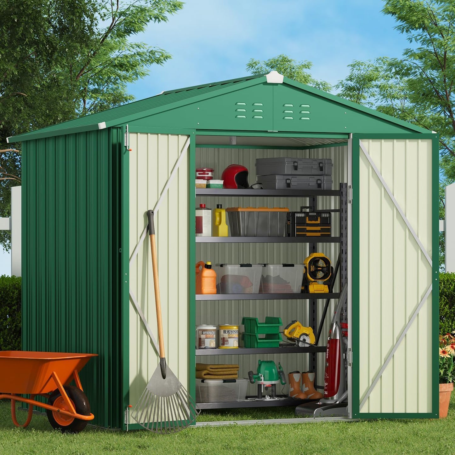 Gizoon Outdoor Storage Shed 8 x 6 FT, Galvanized Metal Garden Shed with Double Lockable Doors, Outdoor Storage Clearance for Backyard Patio Lawn-Green