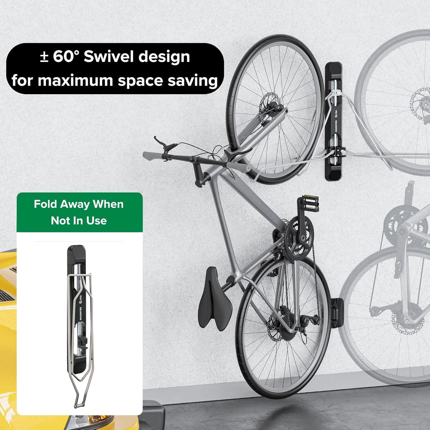 Bicycle Rack for Garage and Indoor Use, Adjustable, Foldable Bike Rack Set of 2 - Wall Mount for Road, Hybrid, Small Mountain, BMX Bikes - Secure and Space Saving Bike Storage (2 Pack)