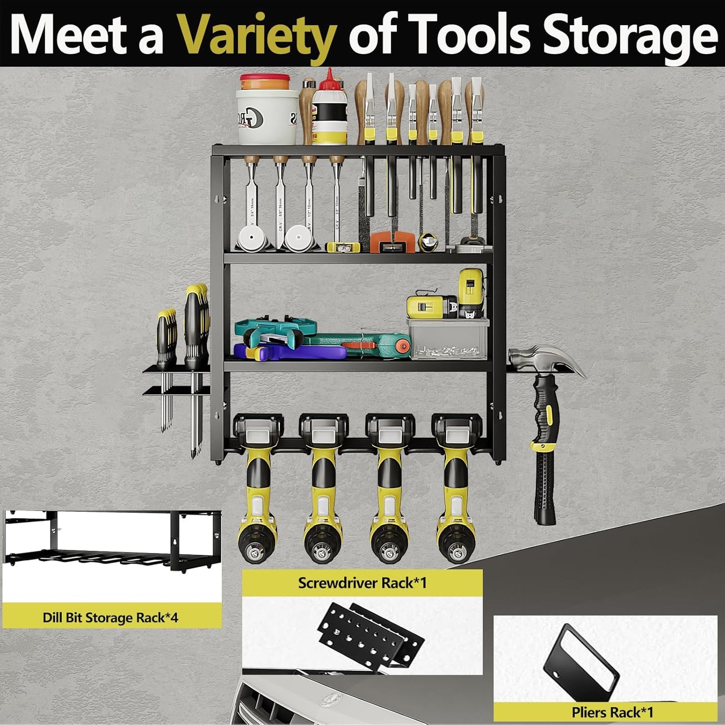 AZERPIAN Tool Organizer Heavy Duty Power Wall Mount for Drill and Cordless Tools Heavy Duty Rack for Garage Organization Workshop Pegboard (3 Layers 4 Slots)