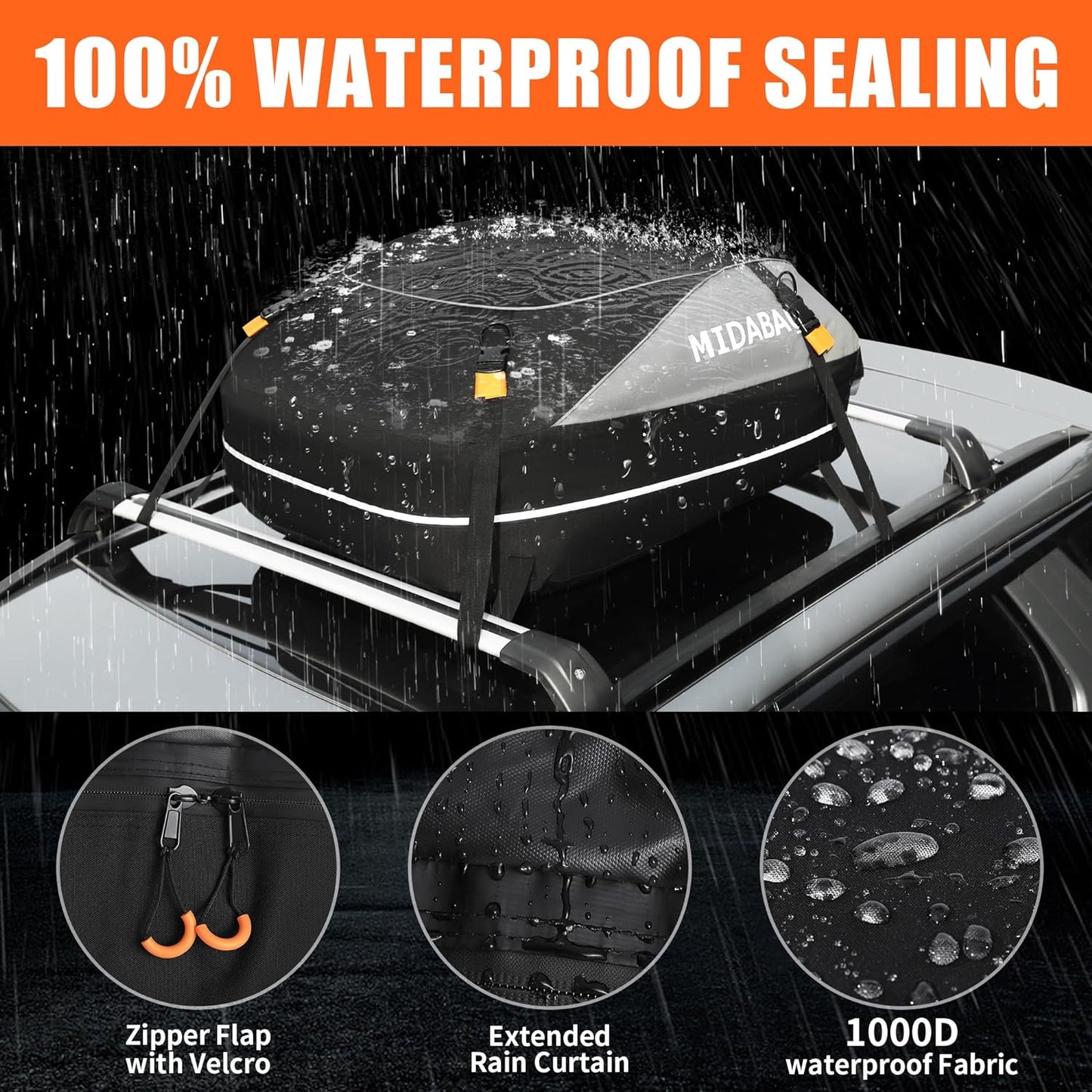 MIDABAO Waterproof Duty Car Roof Top Carrier-Car Cargo Roof Bag Car Roof Top Carrier - Waterproof & Coated Zippers- Includes Anti-Slip Mat- for Cars with or Without Racks (12 Cubic feet)