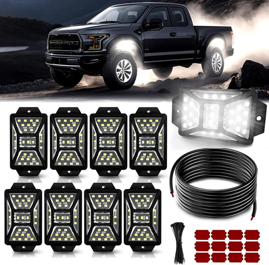 8 Pods 216 LEDs White Rock Lights with 11yd/10M Extension Wire, 6000K Super Bright Underglow Light, Waterproof IP67, 360° Full Angle Illuminate Rock Lights for Trucks Jeep UTV ATV SUV Boats