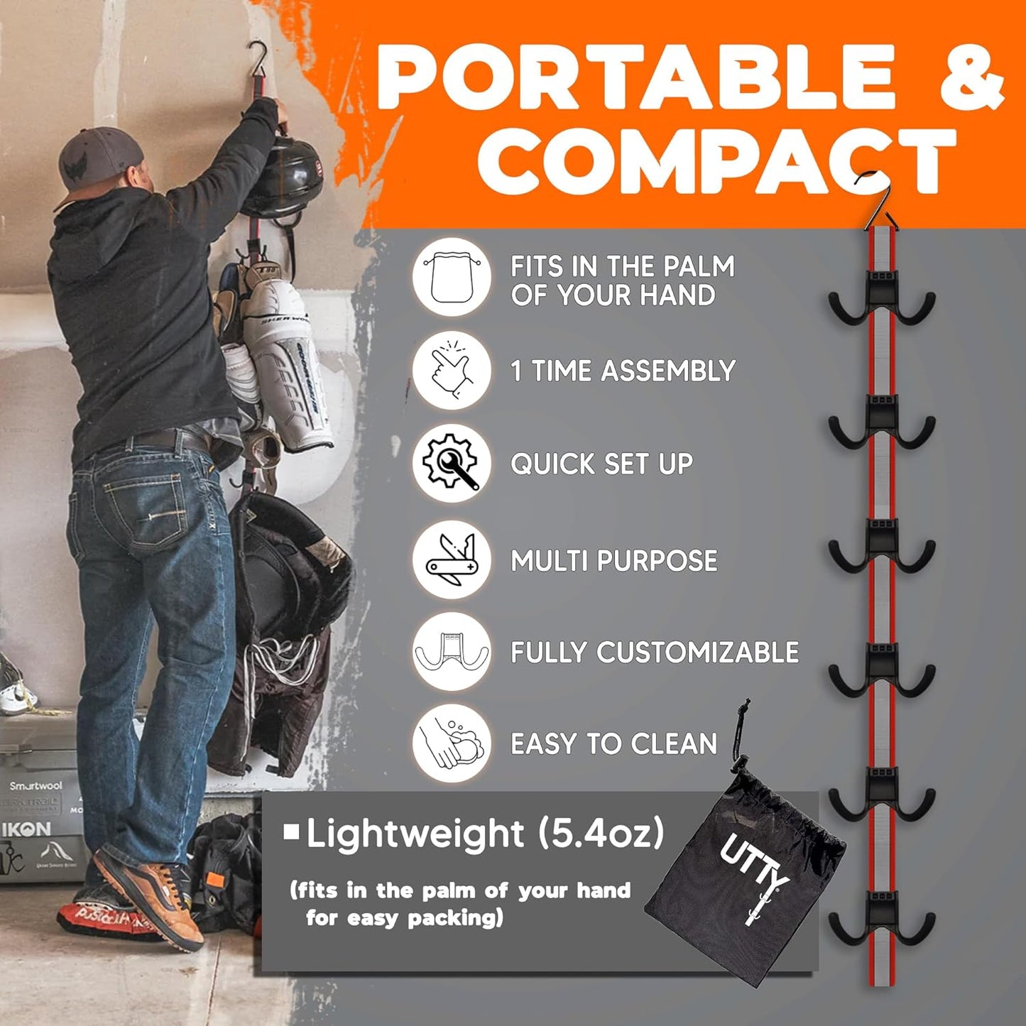 UTTY Hanging Multipurpose Portable Hockey Drying Rack - Durable Gear Keeper & Sports Equipment Organizer - 6 Durable Adjustable Hooks Support Light to Heavy Weight for Home, Travel & Outdoor Use