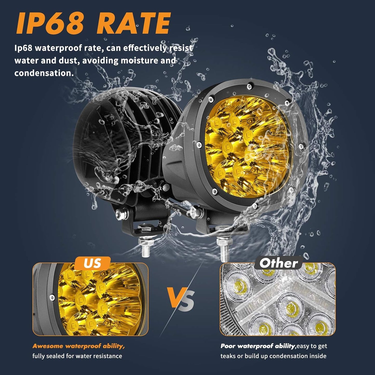 YCHOW-TECH 2PCS 4 Inch LED Amber Fog Lights 90W Yellow Round Offroad Light Bar Flood Beam Off Road LED Pods Bumper Ditch Lights Driving Work Light for Truck Boat Pickup ATV UTV SUV