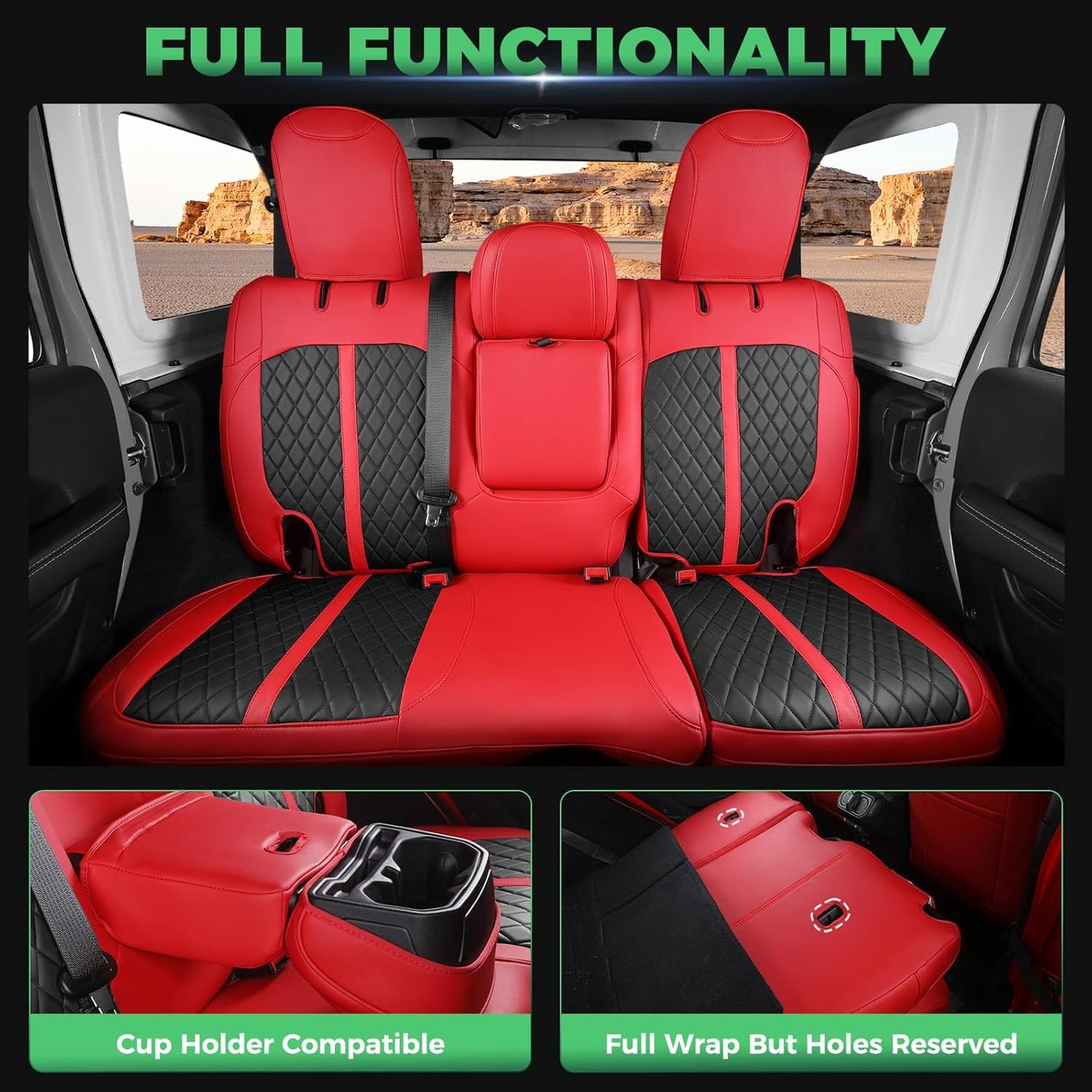 for Jeep Wrangler Seat Covers 4Door JL 2018 2019 2020 2021 2022 2023 2024 2025, Custom Fit Car Seat Cover Full Set, Luxury Waterproof Leather Seat Protectors, Red Black, with Rear Cup Holder