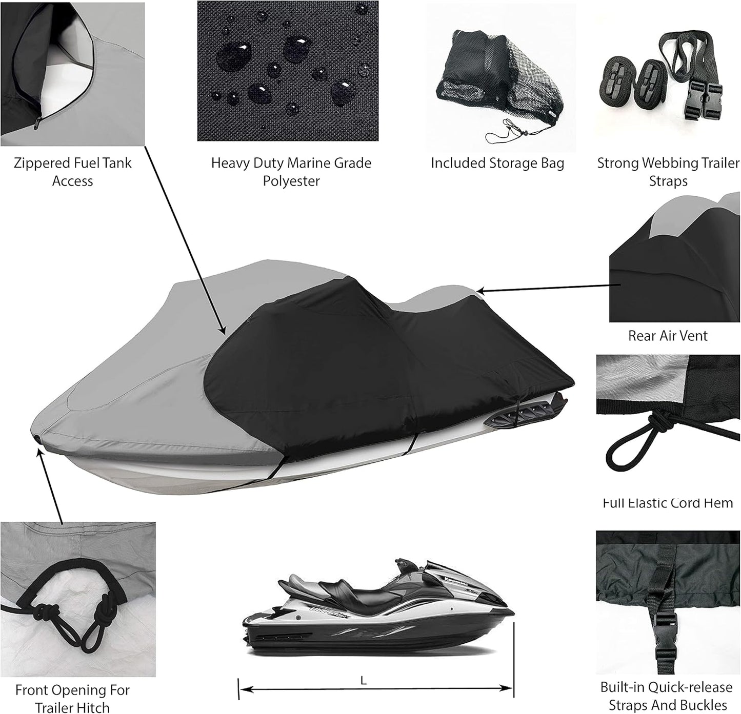Trailerable Jet Ski Cover, Waterproof Marine Grade 600D Heavy Duty Polyester PWC Cover Gray/Black Color Fits from 103"-115" 1 or 2 Seater