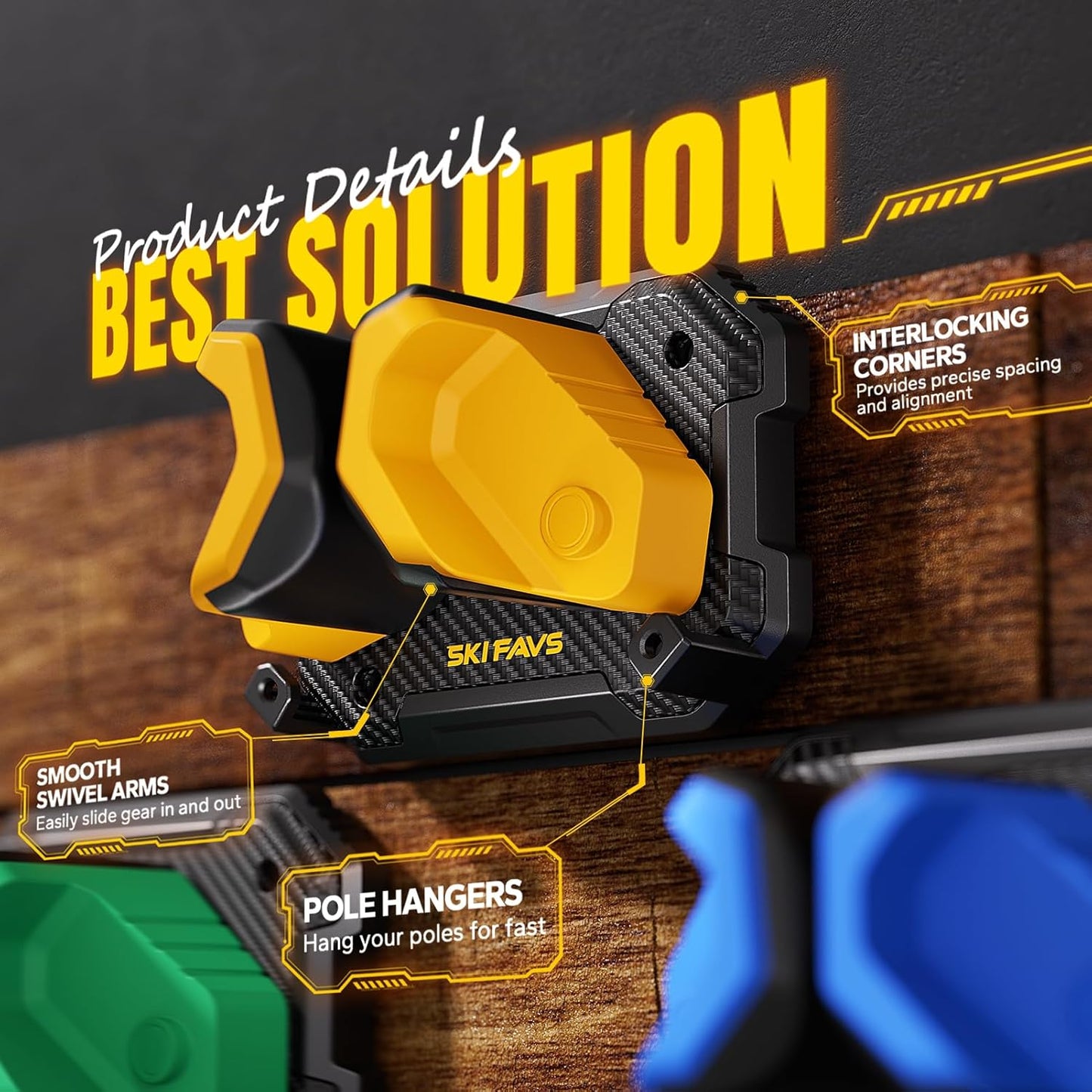 Ski & Snowboard Wall Rack for Garage Wall Fits Any Ski/board, Ski Wall Mount Holders Damage-Free Storage Rack, Garage Organization Space-Saving Winter Gear Organizer, Yellow, 4 Pack