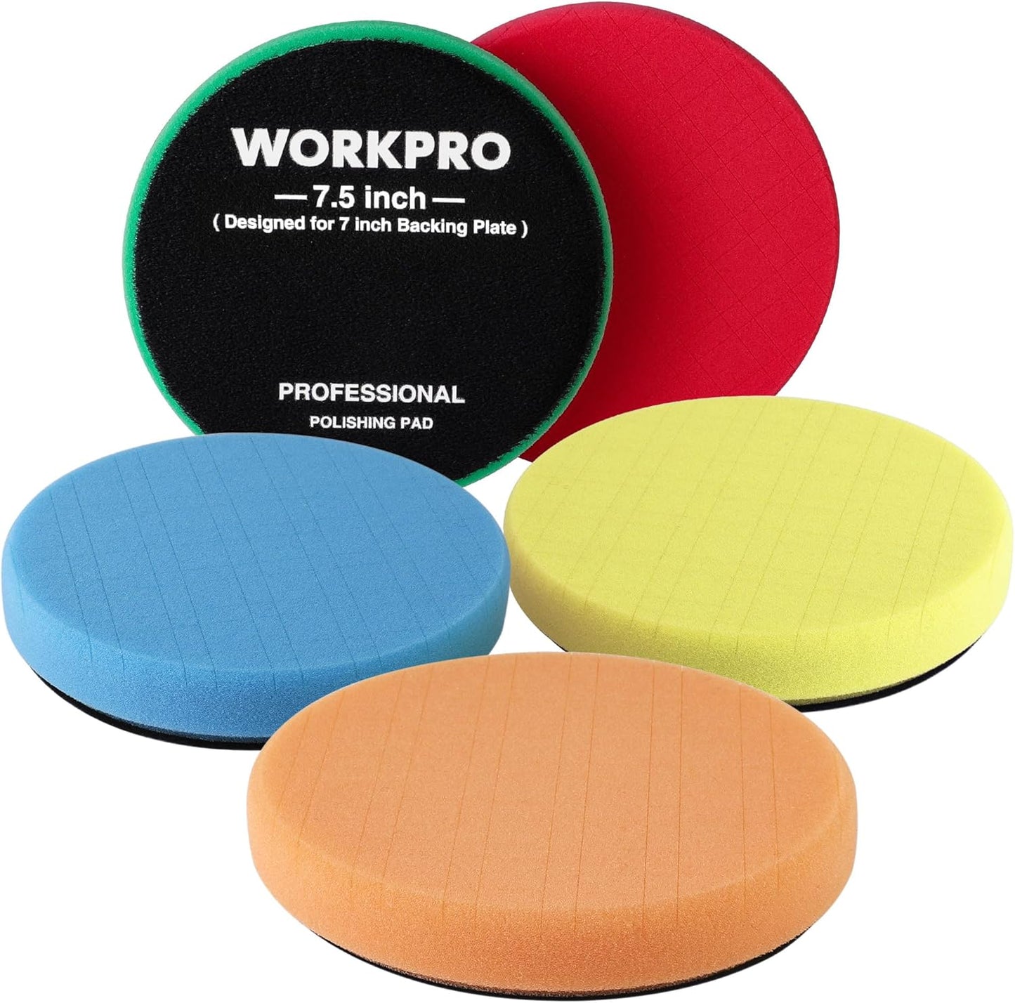 WORKPRO 7.5 Inch Buffing Sponge Pads, 5Pcs 7.5 Inch Face for 7 Inch Backing Plate, Cutting Polishing Pad Kit for Car Buffer Polisher Compounding, Polishing and Waxing