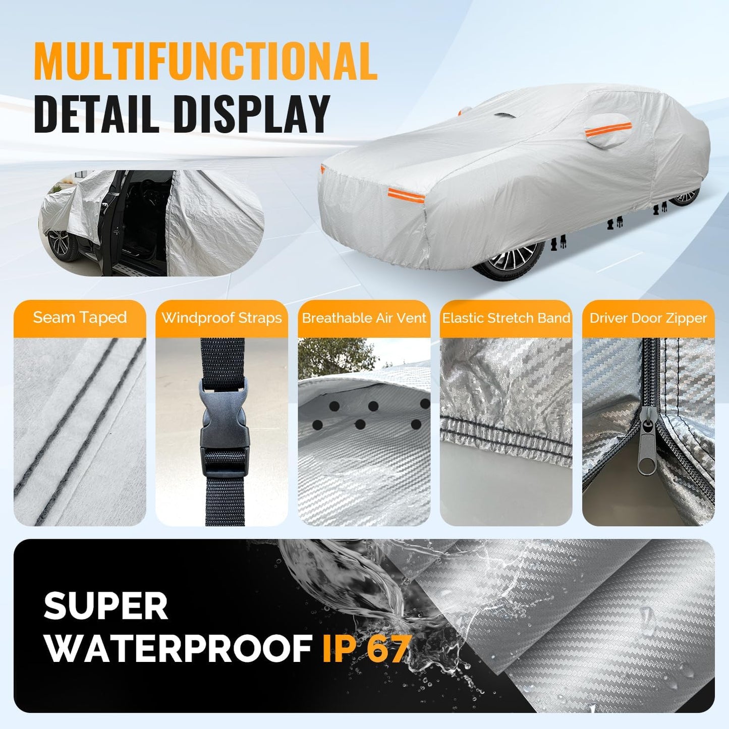 30 Layers Car Cover for Automobiles All Weather Waterproof, Outdoor Snowproof UV Protection Windproof, Door Zipper, Soft Cotton, Heavy Duty Universal Car Covers, (Silver, Fit Sedans 191"-200")