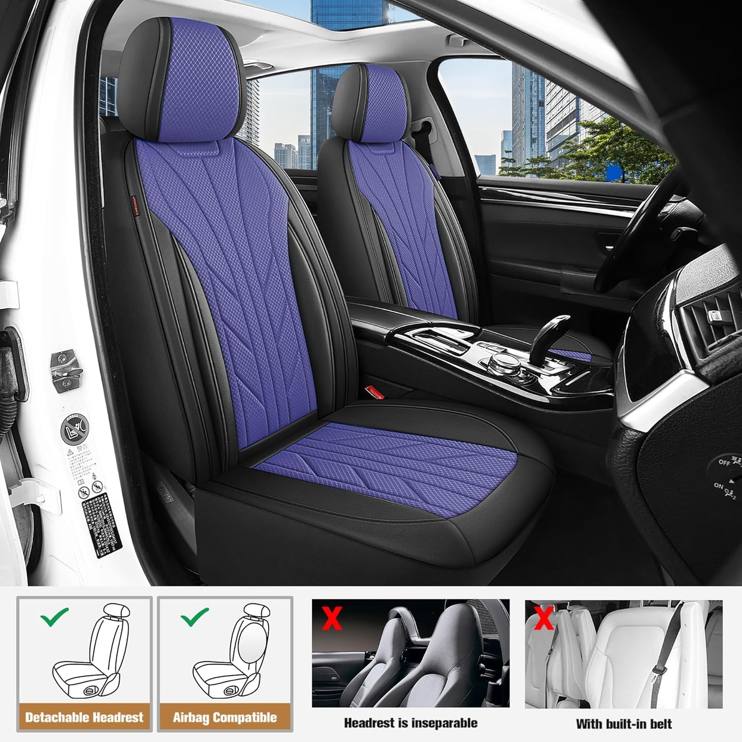 CAROMOP Luxury Faux Leather&Fabric Car Seat Covers 2 Front Seats with Breathable 3D Foam Back Support, Universal Seat Covers for Cars,Trucks,SUVs, Front Armrests Compatible(Black/Blue)