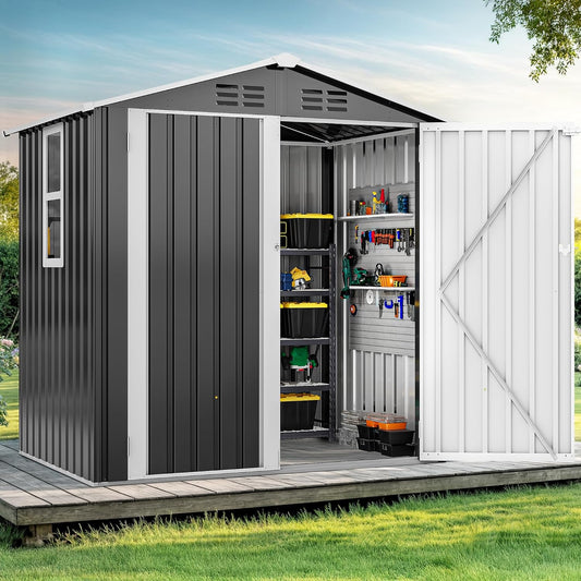 DWVO 6x4ft Metal Outdoor Storage Shed with Window, Lockable Tool Storage Sheds, Steel Garden Sheds with Sloped Roof for Backyard, Patio, Garage, Lawn, Gray + White