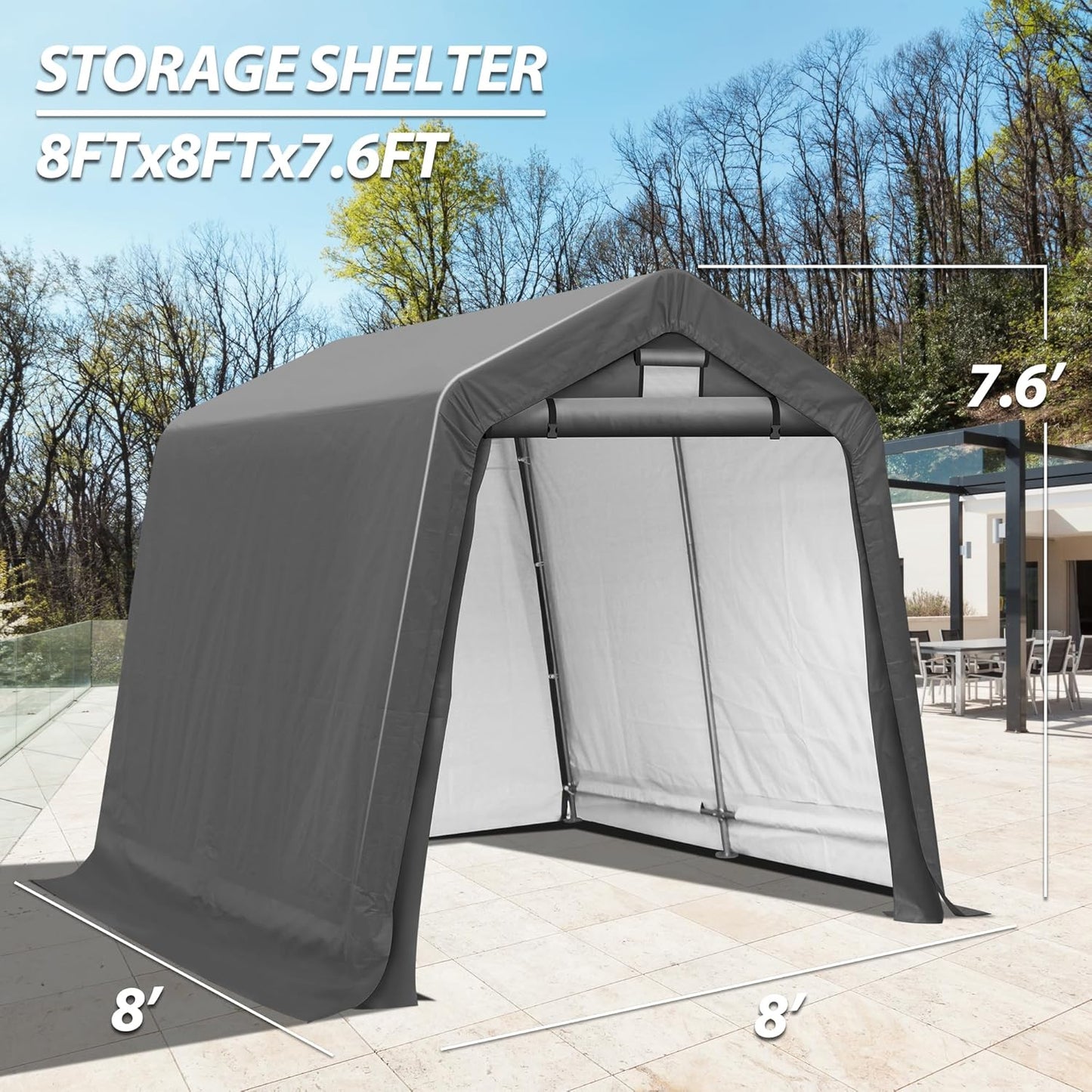 8x8Ft Ourdoor Storage Shed Shelter,Portable Shed Garage with Roll-up Zipper Door &Vent Window, Heavy Duty Storage Tent Carport for Bike,Motorcycle