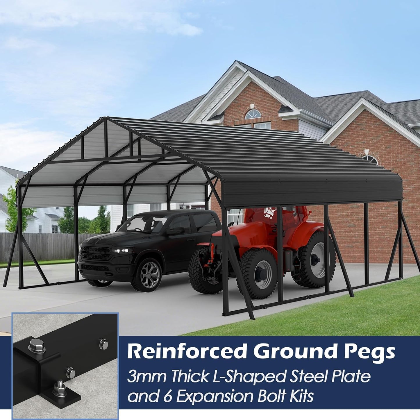 Xilingol Metal Carport, Heavy Duty Carport Canopy with Galvanized Steel Frame and Roof, Outdoor Storage Shed, Car Tent Garage Shelter for Pickup, Truck, Boat and Tractor, Grey (20x20 FT Black)