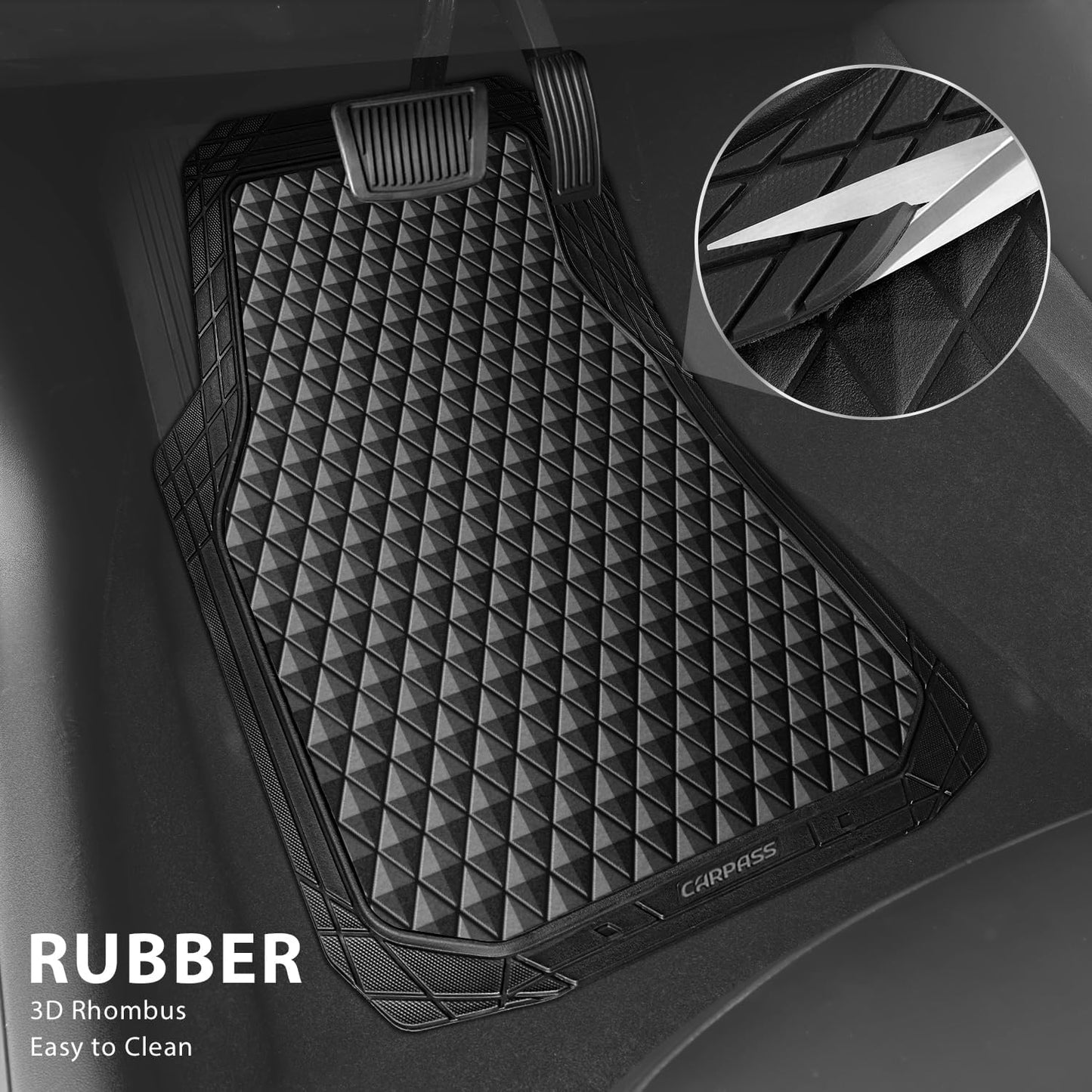 CAR PASS Black Rubber Car Floor Mats & Cargo Liners, Durable Anti-Slip 3D Rhombus Waterproof Automotive Pad Trim Fit Liner All-Weather Trunk Mats Full Set Universal Fit Auto Van Sedan SUV Truck Black