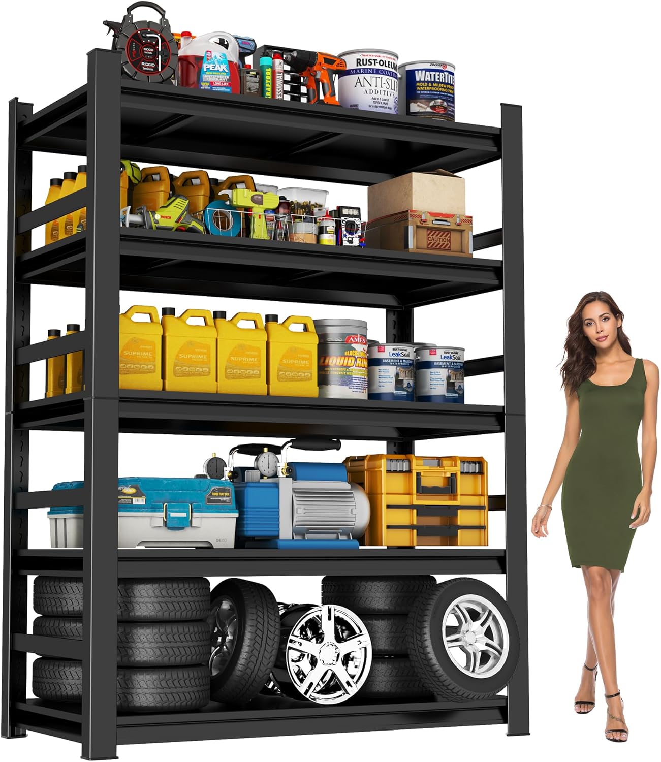 Heavy Duty Garage Shelving, 87" H x 47.2" W x 23.6" D, 3000 lbs Load Capacity, Sturdy Steel Metal Shelves for Storage, Industrial Black 5-Tier Shelving Rack for Garage, Basement, and Workshop