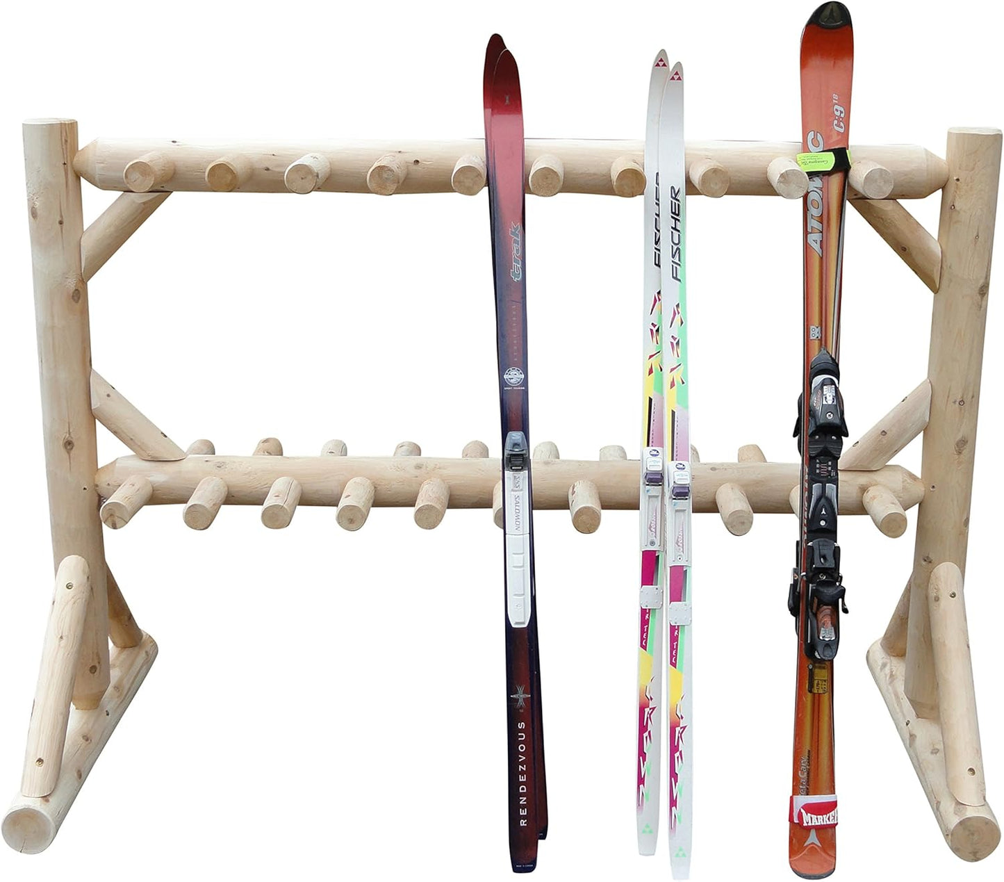 17-Place Freestanding Log Ski Rack Holder, Indoor & Outdoor Snowboard Racks, Standing Storage, Garage Racks for Snow Skis, Durable Snowboard Rack Garage Storage Organizer - Unfinished + 15" Anchor Kit