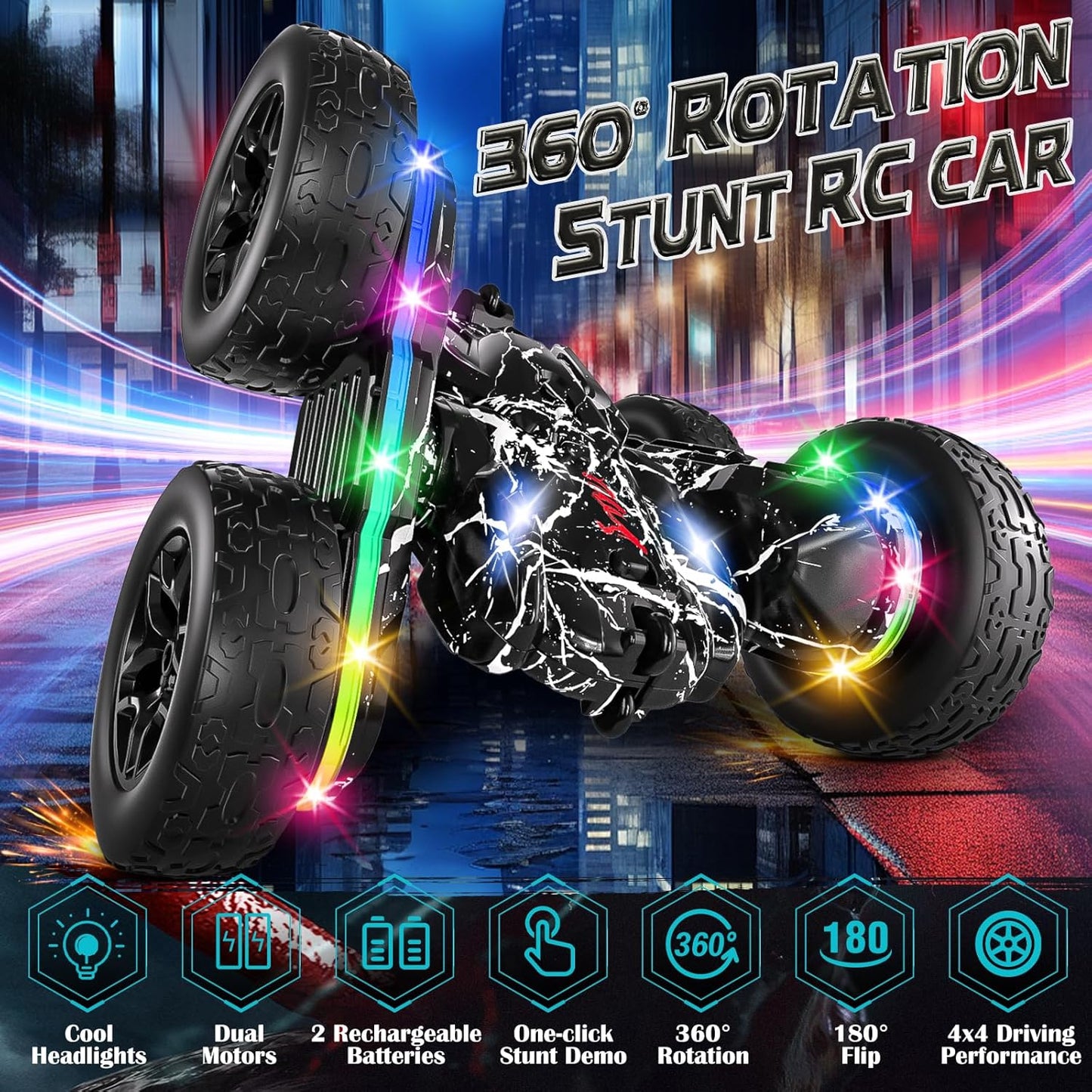 Rc Cars Toys for Boys Remote Control Car 2.4 GHz Black Toys for Ages 5-7 Kids Toys New Upgraded Strip Lights 360° Rotating Rc Truck Birthday (Black)