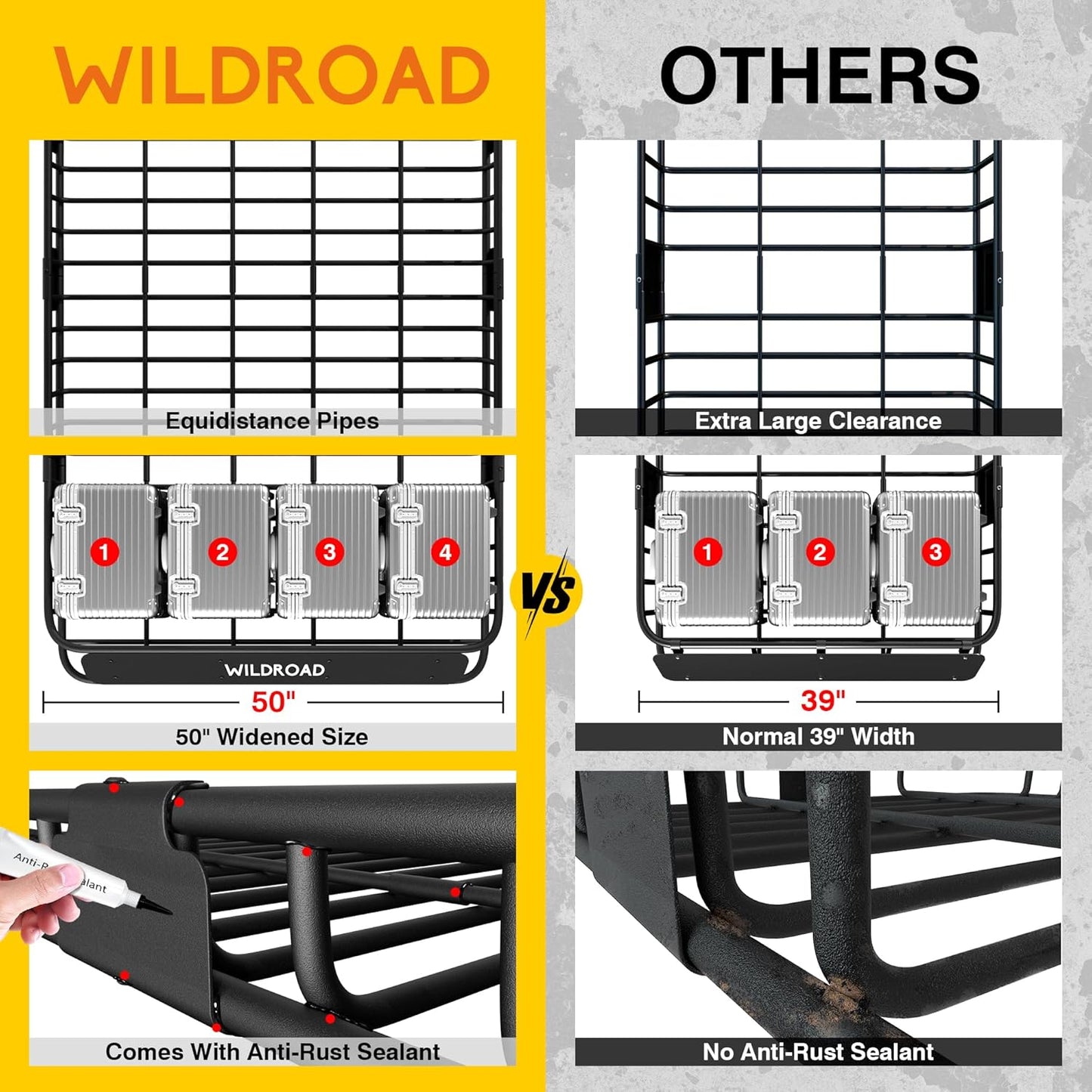 Wildroad Roof Rack Cargo Basket, Upgraded 4” Fence Wide Car Roof Basket, 84"x 50"x 4" Universal Car Top Carrier Basket with Super Duty Bungee Cargo Net and Ratchet Straps Fits for SUV Truck Cars