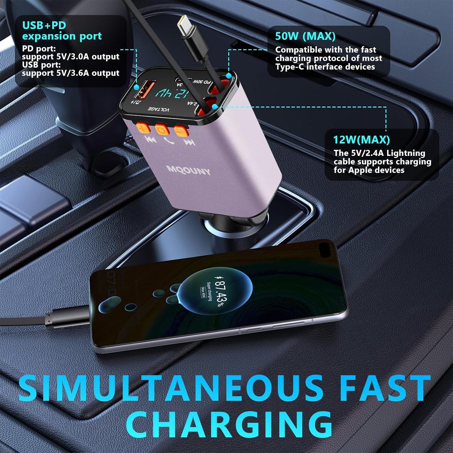 Retractable Car Charger,5 in 1 Fast Cars Phone Charger 60w,Bluetooth 5.3 FM Transmitter Adapter,Handsfree Call,MP3 Player,2 Retractable Cables and USB Chargers, for Phone,Galaxy,Pixel (Purple)