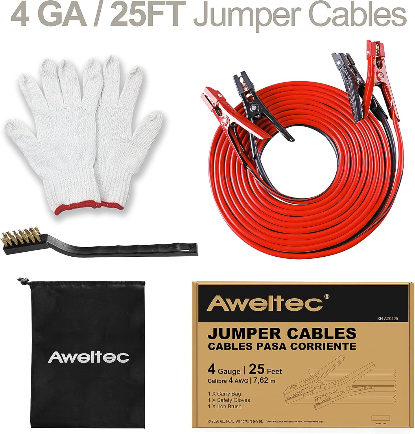 Jumper Cables 4 Gauge 25 Feet Battery Jumper Cables for Car -40℉ to 140℉ - Heavy Duty Booster Cables with Carry Bag, Safety Gloves and Iron Brush (4AWG x 25FT)