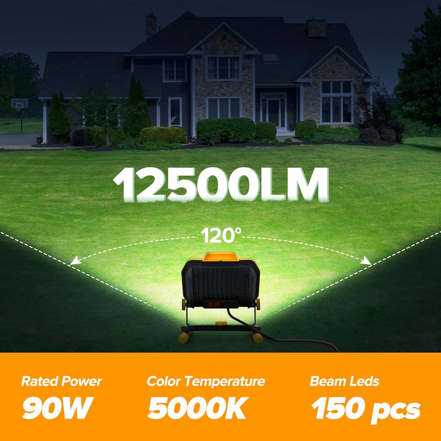 LUTEC 12500 Lumen LED Work Light, Dimmable Flood Lights with 3 Brightness Levels, IP65 Waterproof Portable Job Site Lights with Stand and 5 Ft 3-Prong Power Cord for Workshop Garage Construction Site