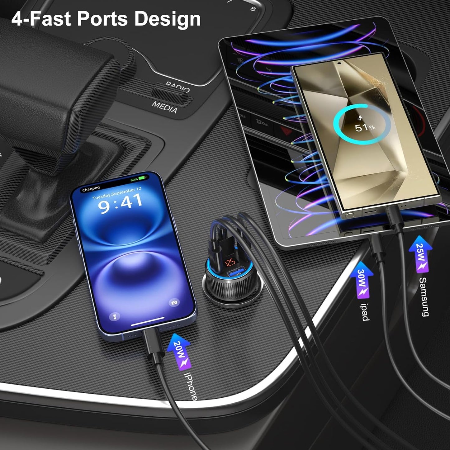 USB C Car Charger, 3 Pack 65W Dual 12V Car Power Adapter with Voltmeter QC+PD 3.0 Multi Port Fast Charging Cigarette Lighter USB Charger for iPhone 16 15 14 13 12 Pad Pro Max, Android(Black Gray)