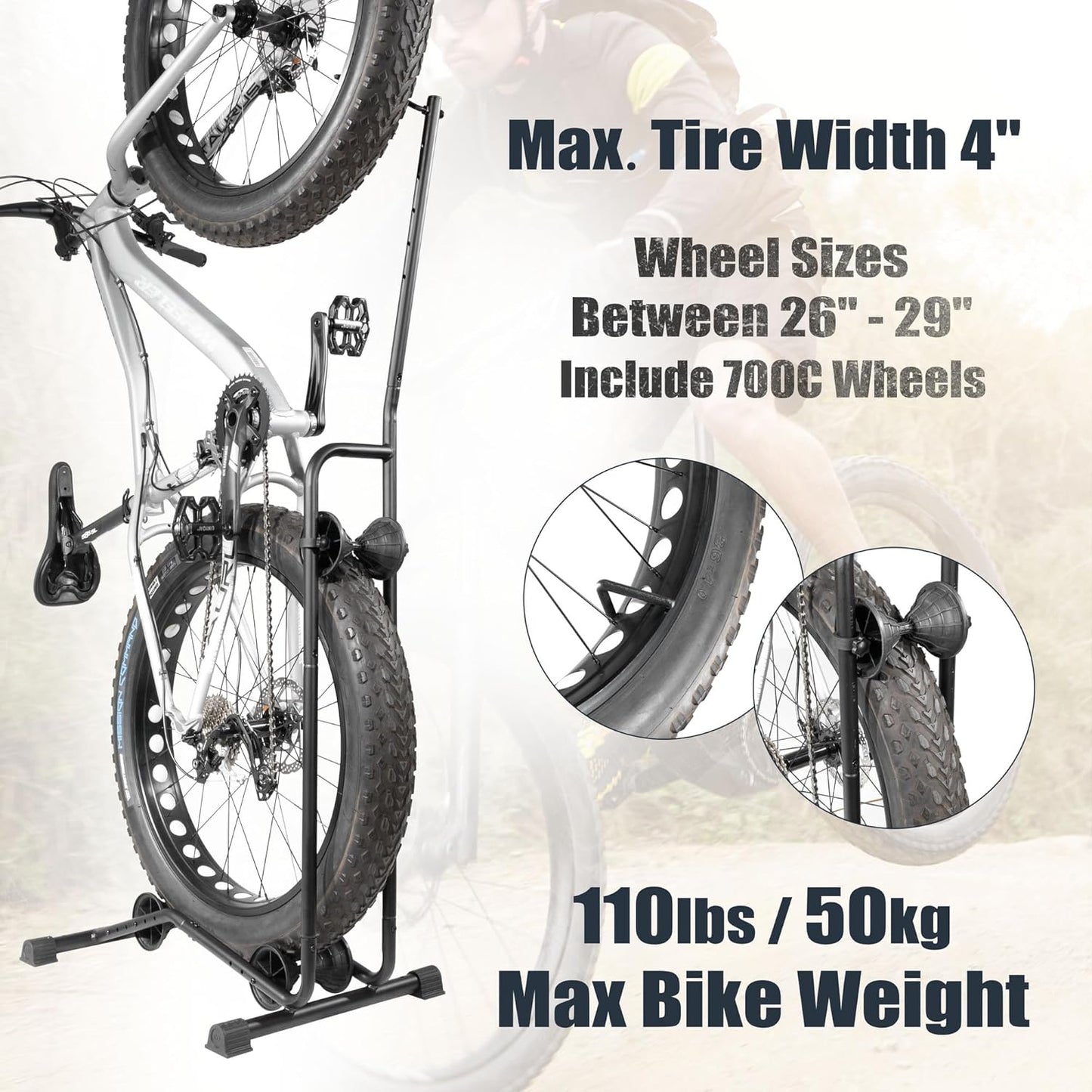 CyclingDeal Upright E Bike Fat Tire Bike Stand - Vertical & Horizontal Bike Rack Bicycle Storage Stand - Vertical E Bike Rack Garage - Fat Tire Bike Storage Rack - Holds Bikes up to 110 lbs