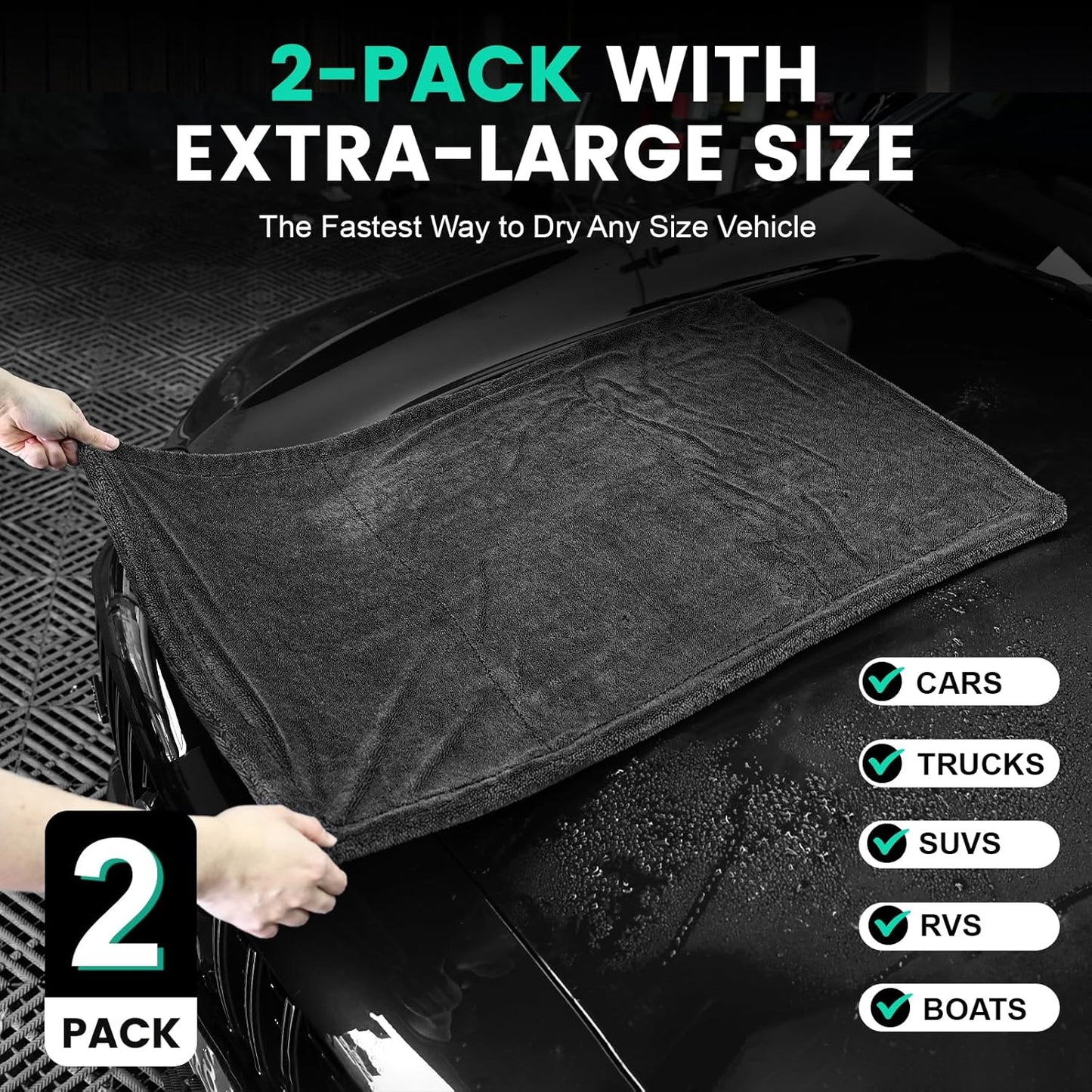 2 Pack Double-Sided Car Care Extra-Large, Ultra-Absorbant Microfiber Drying Towel for Cars and Trucks, Super Absorbent Car Drying Towel, 1300GSM, 35" x 24"