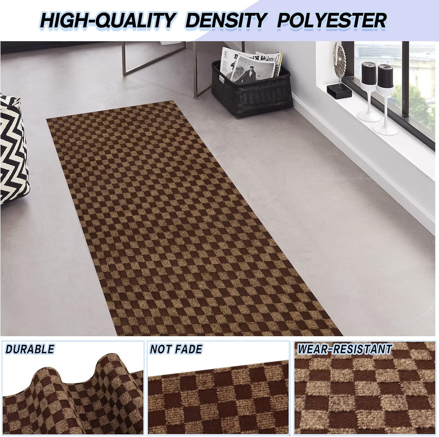 Custom Size Backed Non-Slip Area Rugs Runner, Easy Clean, Waterproof Runner Rugs for Hallway Entryway, Kitchen, Laundry, 3FT x 57FT, Brown Checkered