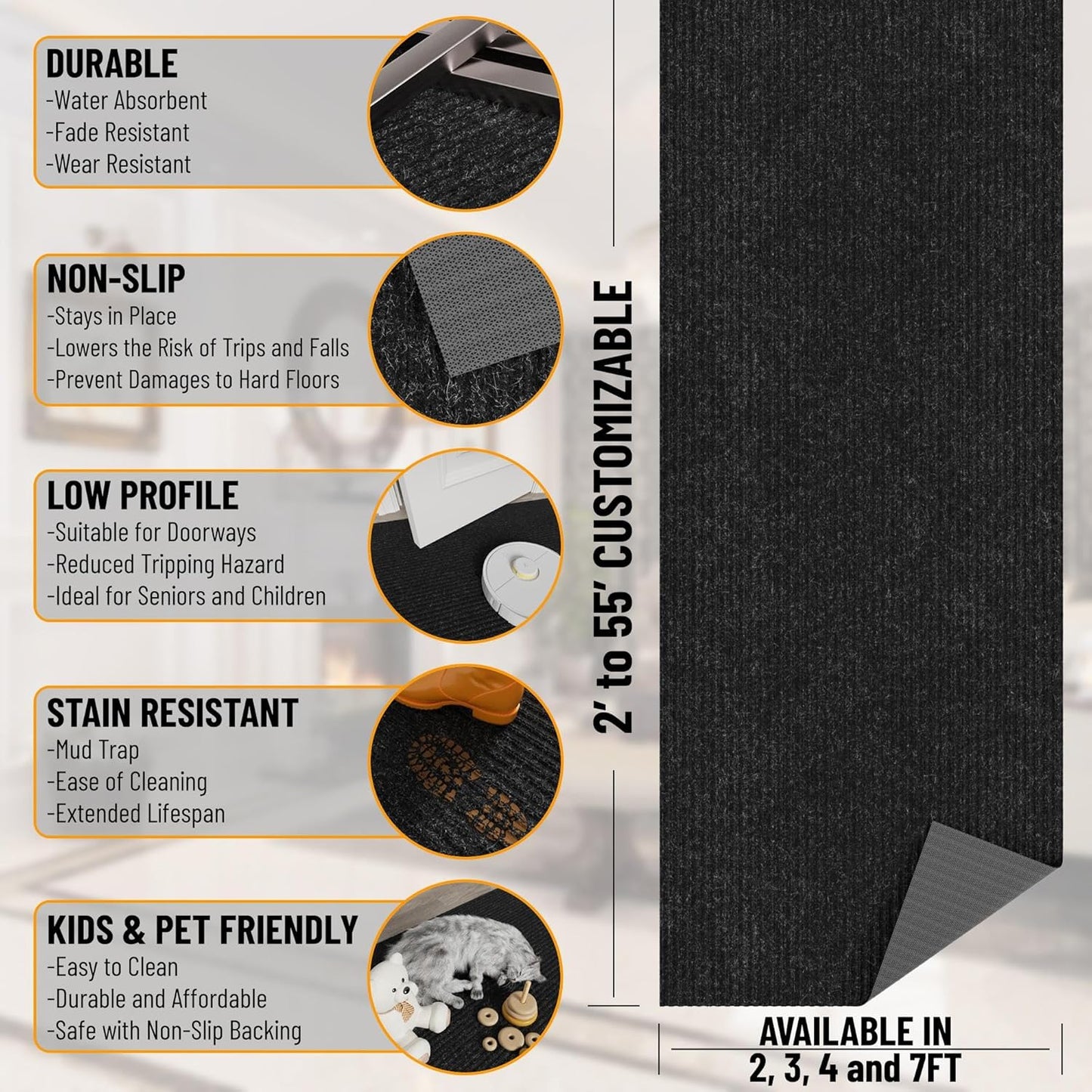 Ottomanson 2' x 50' Hallway Runner with Scraper Pile Extra Durable Non-Slip Rug Mat for Indoor & Outdoor Use - Ideal for Kitchen, Entryway, Patio & Garage - High-Traffic Carpet, Black