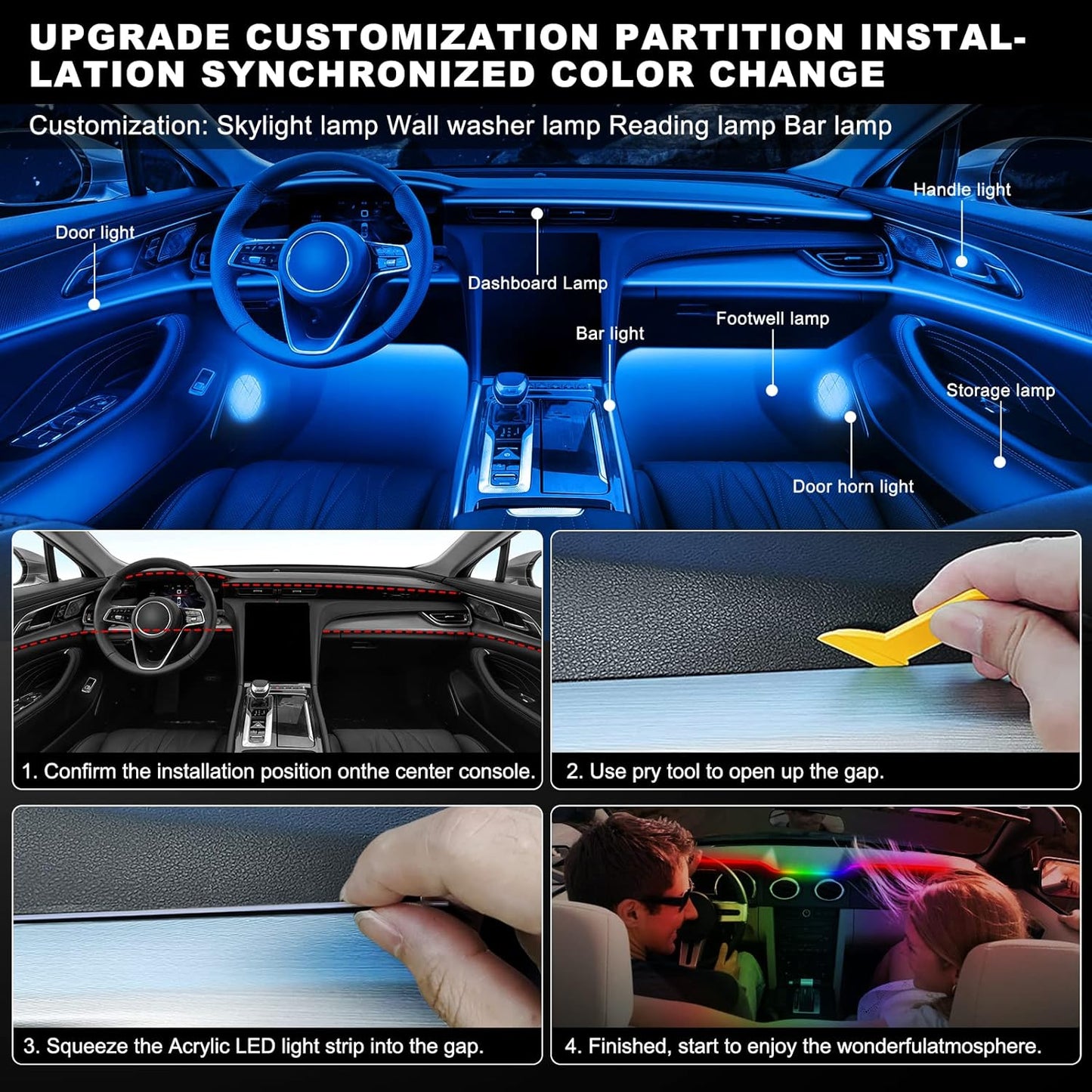 Acrylic Interior Car LED Strip Light with Wireless APP, RGB 22 in 1 with 175 inches 593 LEDs Fiber Optic Ambient Lighting Kits, 16 Million Colors Sound Active Function Car Neon Lights