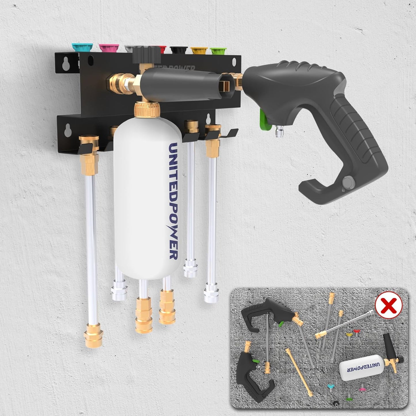 UNITEDPOWER Pressure Washer Gun Holder，Wall Mount Foam Cannon Holder，Tool Storage Rack for Pressure Washer Wand/Nozzle Tips, Car Wash Accessories Organizer, Black