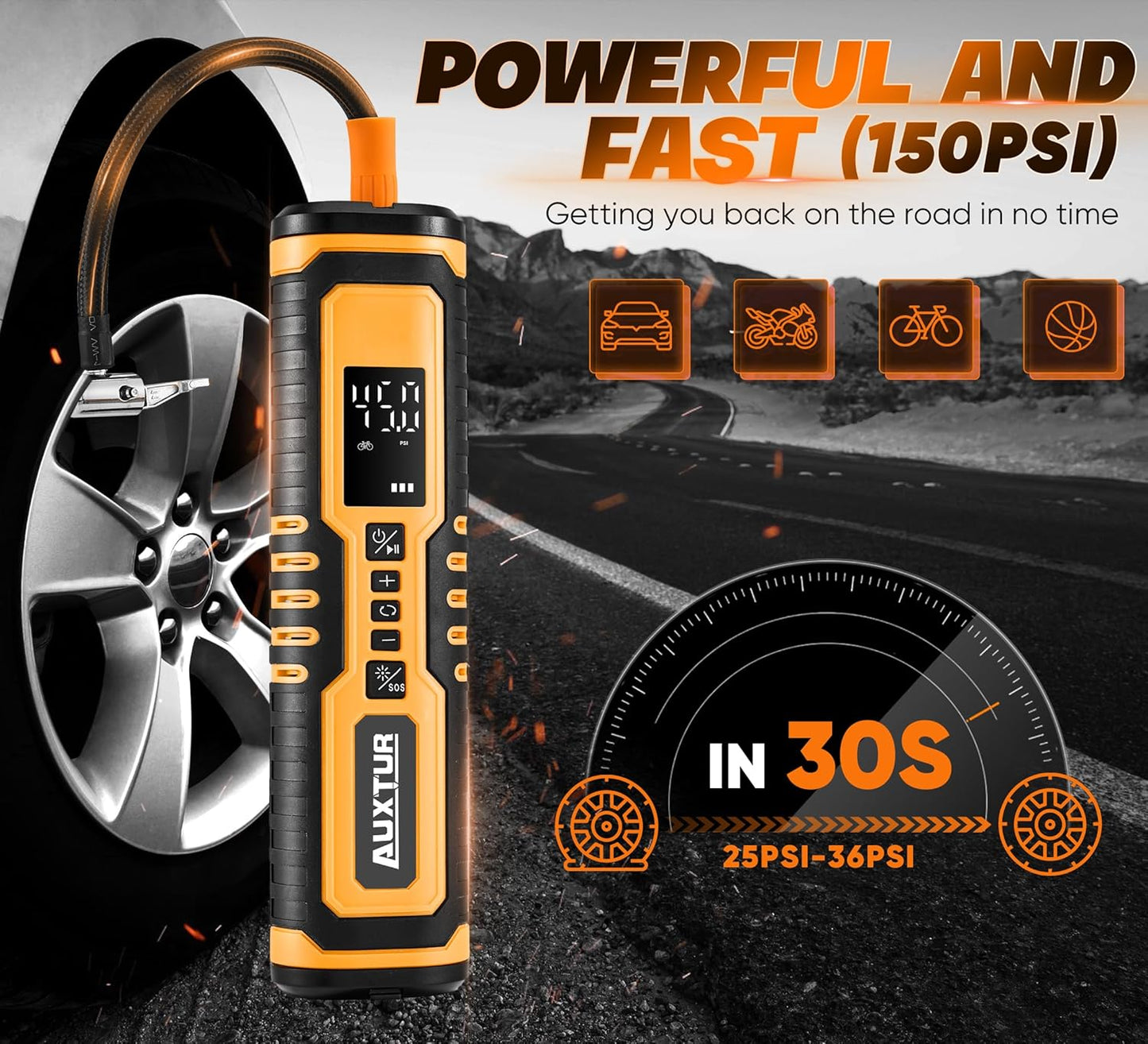 Cordless Tire Inflator for Car with 3 Light Modes and Automotive Power Cords, Electric Air Pump(Type-C) (150PSI)(6000mah Battery), Digital Air Compressor for Motorcycle, Bike, Truck and Ball